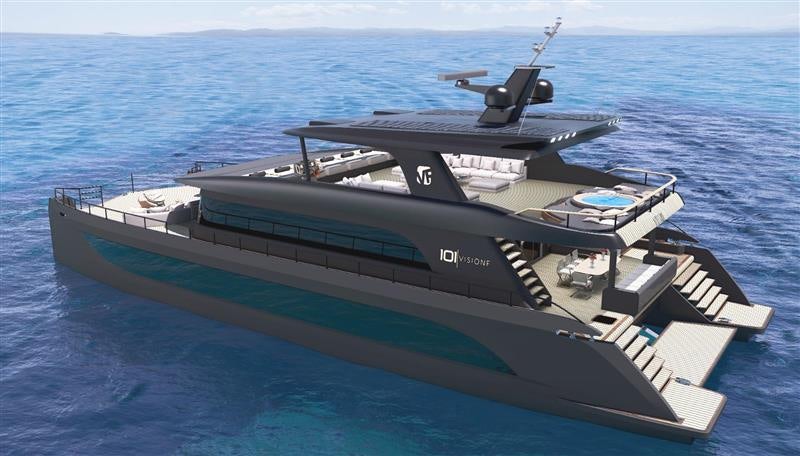 a large ship in the water aboard VISION F – 101 ALU Yacht for Sale