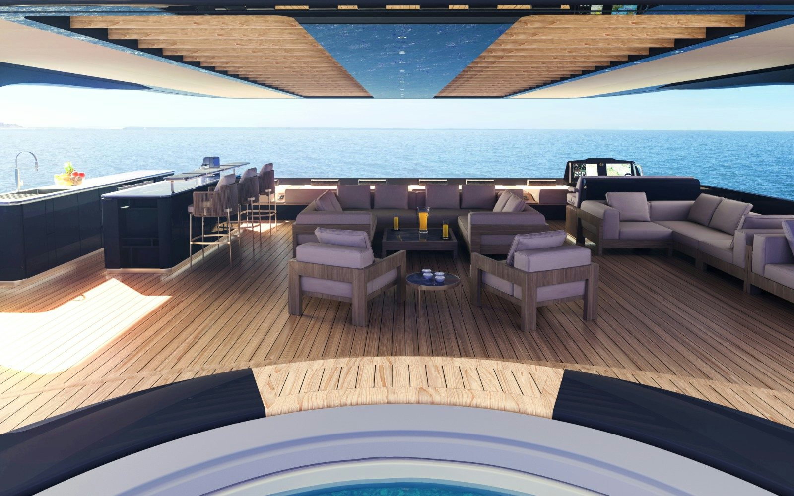 a deck with chairs and a pool aboard VISION F – 101 ALU Yacht for Sale