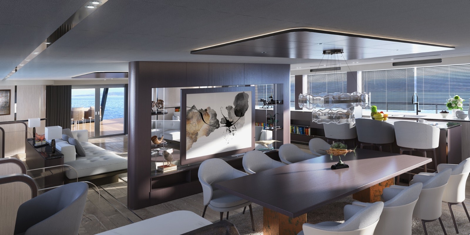 a room with a large table and chairs and a large window aboard VISION F – 101 ALU Yacht for Sale