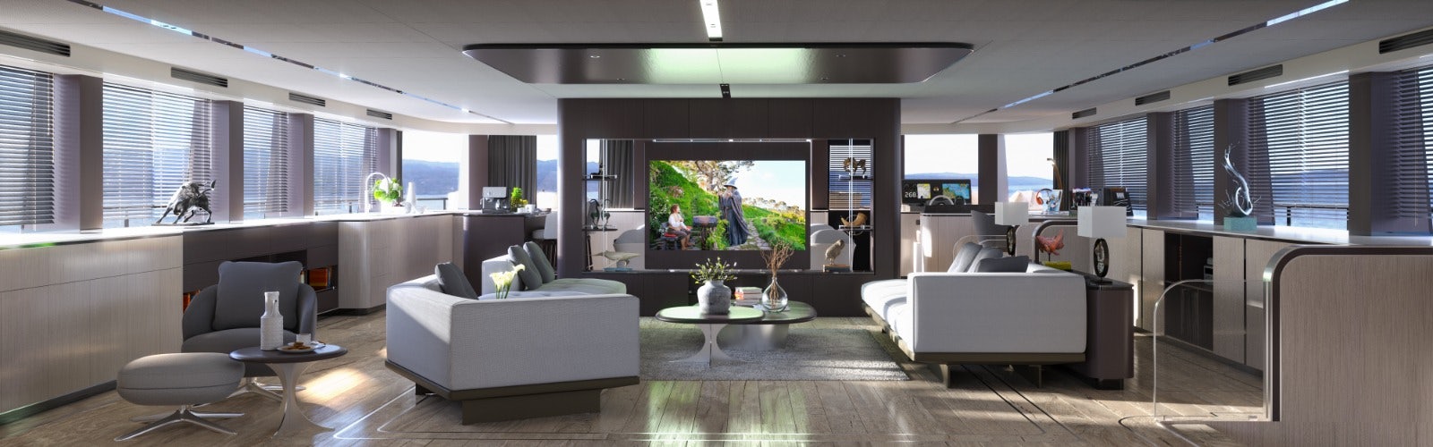 a living room with a couch and a table aboard VISION F – 101 ALU Yacht for Sale