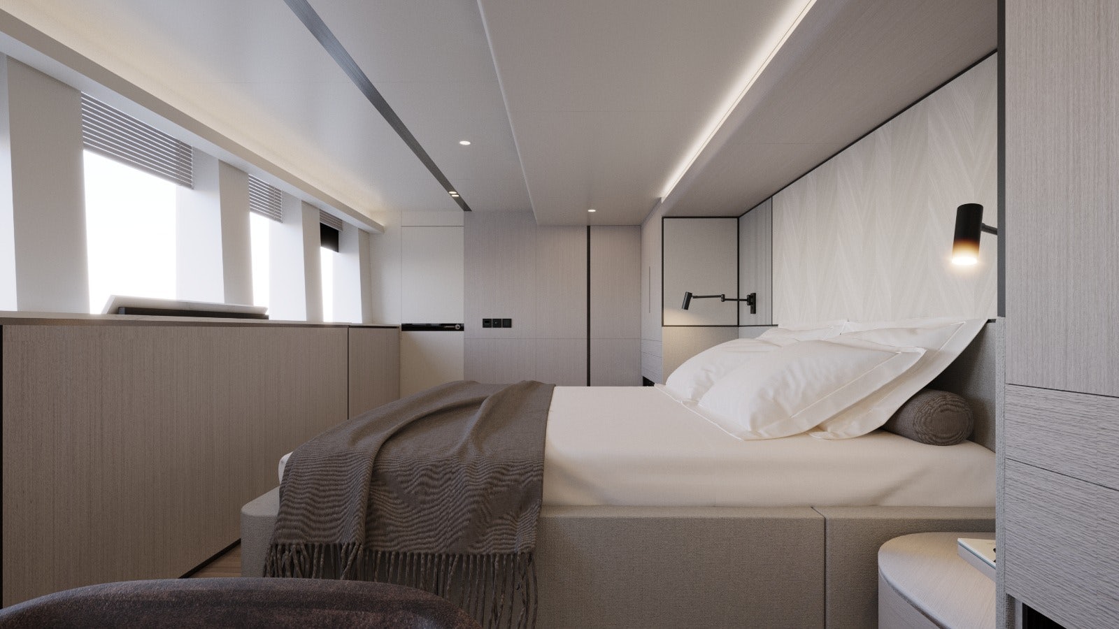a room with a bed and a window aboard VISION F – 101 ALU Yacht for Sale