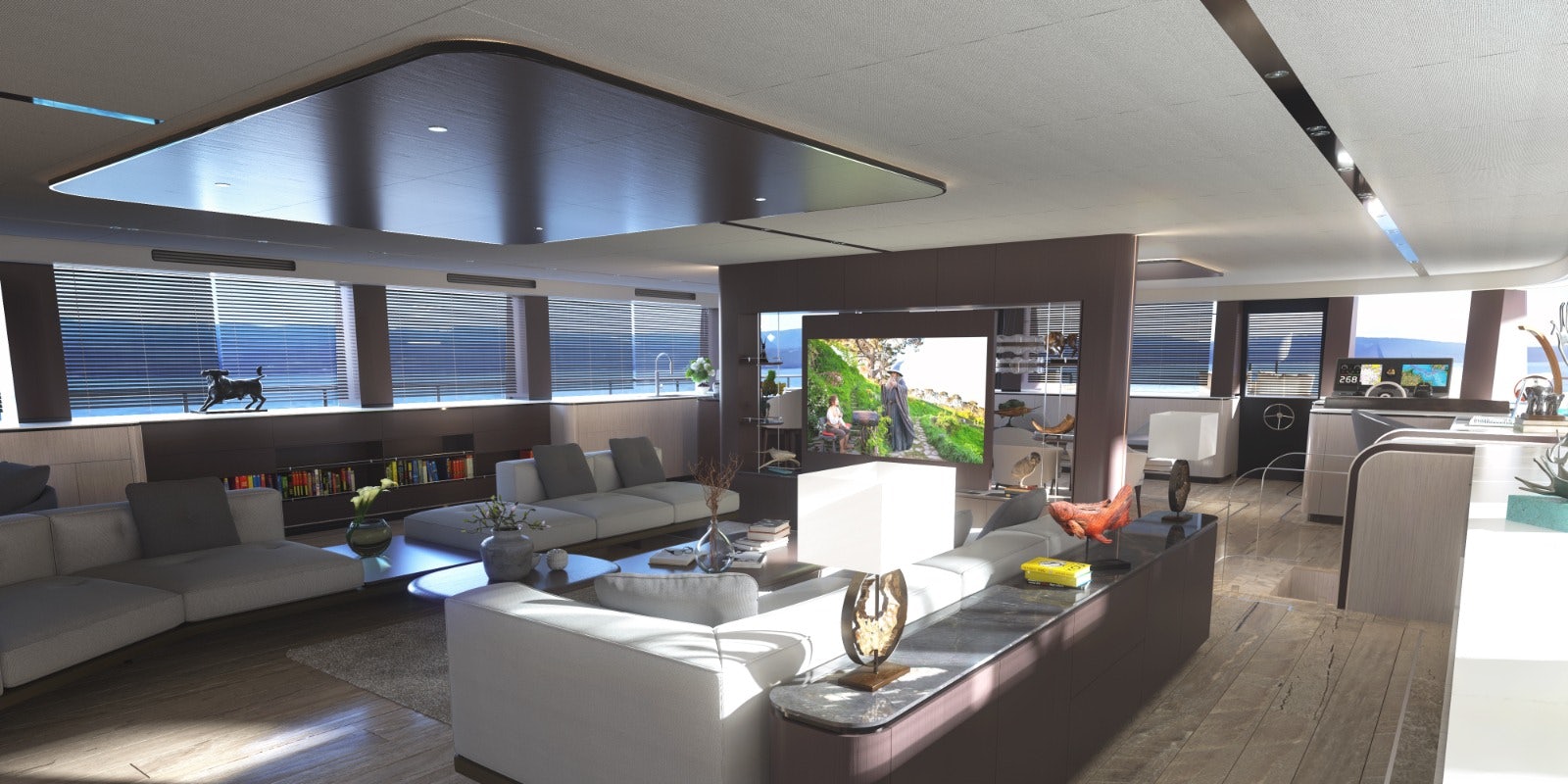 a modern living room with a large glass ceiling aboard VISION F – 101 ALU Yacht for Sale