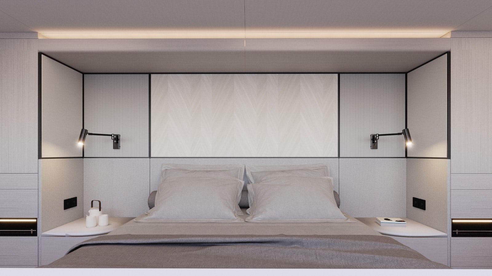 a bed with white sheets aboard VISION F – 101 ALU Yacht for Sale