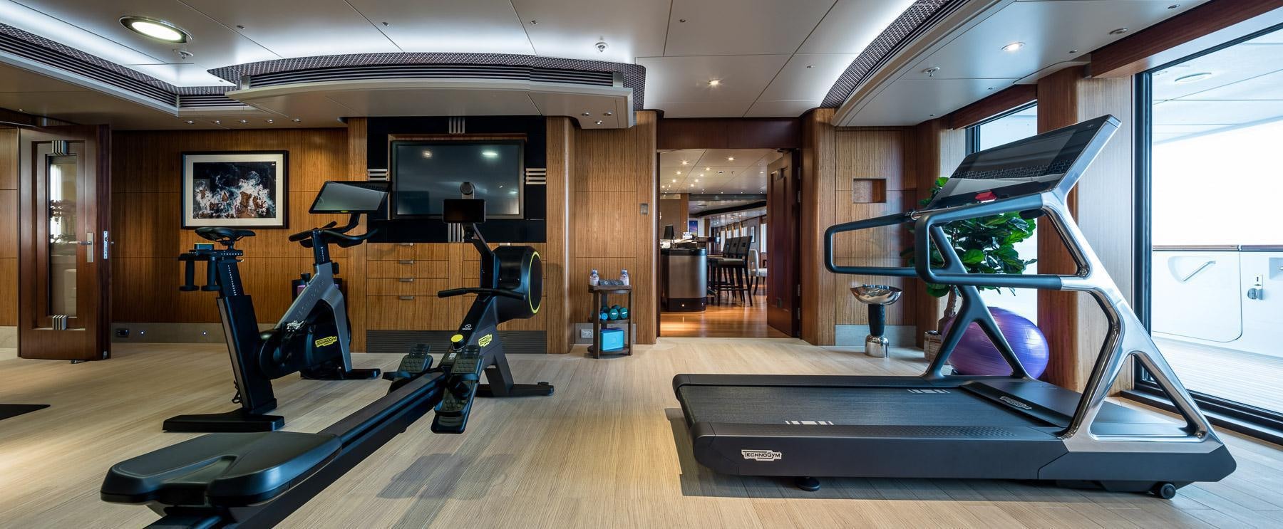 a gym with exercise equipment aboard OCTOPUS Yacht for Charter