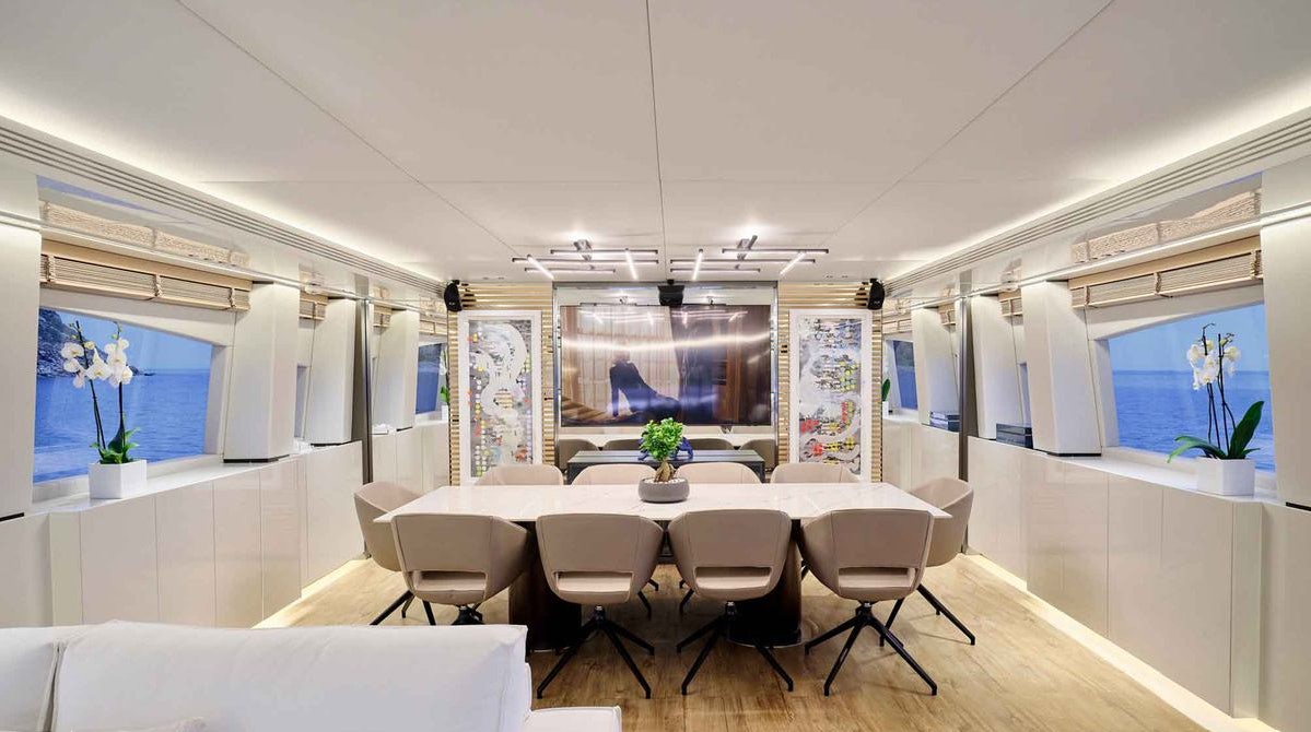 a room with white chairs and a table with white chairs aboard MAMMA MIA Yacht for Charter
