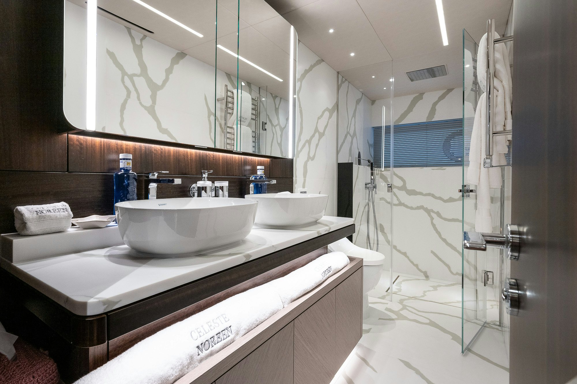 a bathroom with a sink and a shower aboard CELESTE NOREEN Yacht for Sale
