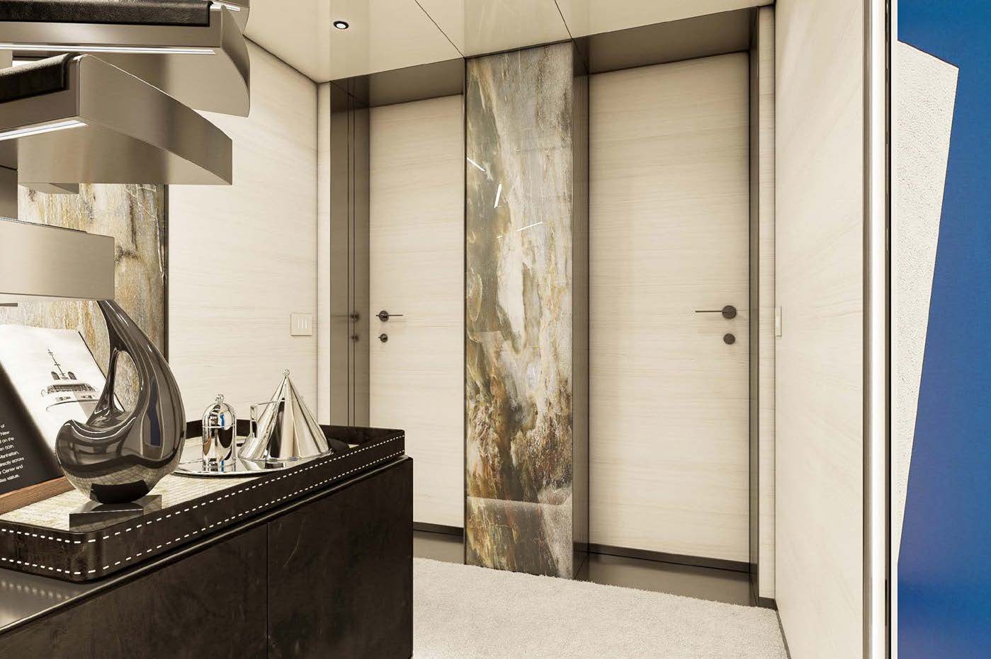 a room with a table and a large vase on a table aboard M Yacht for Charter