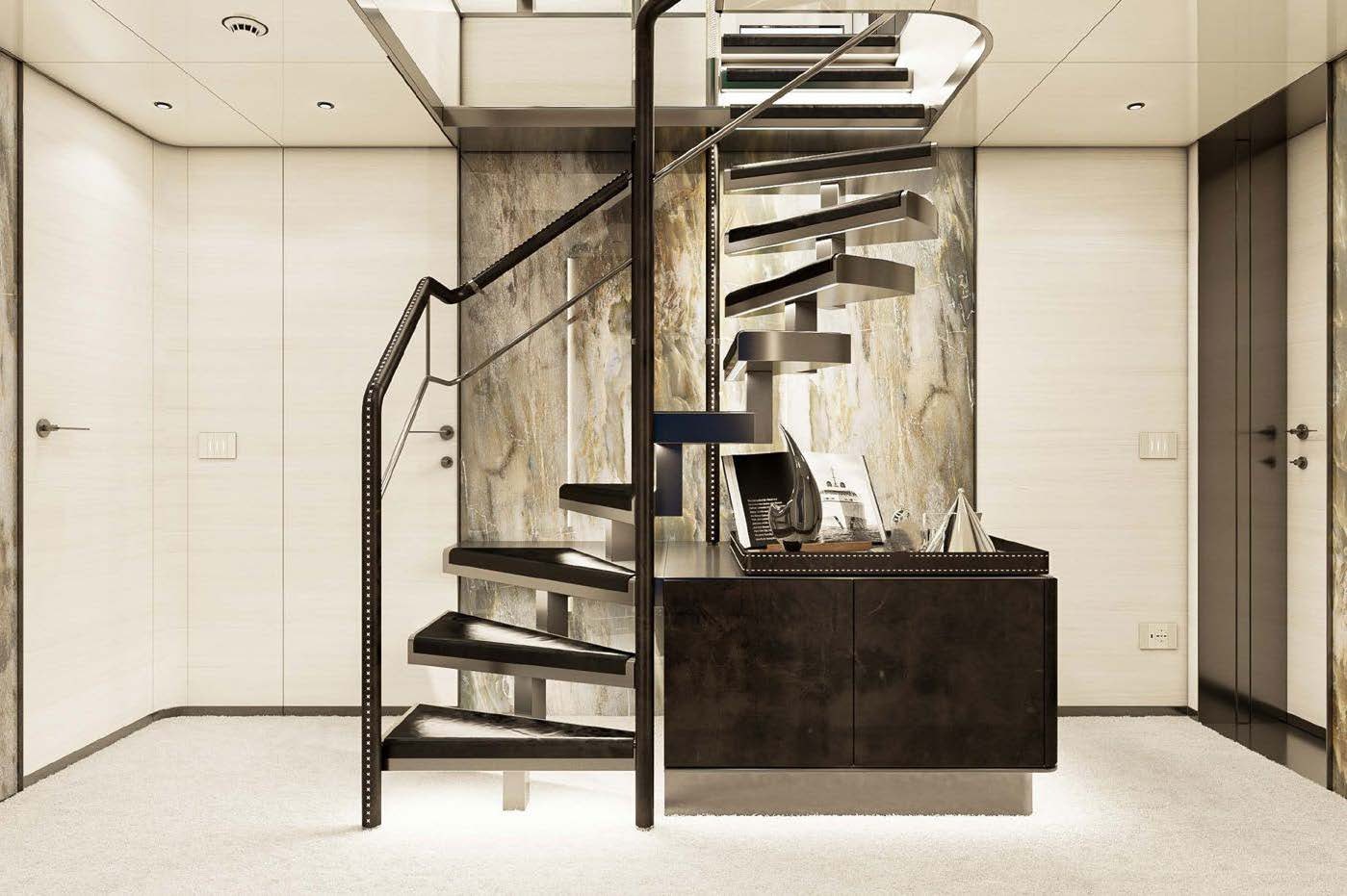 a black staircase in a building aboard M Yacht for Charter