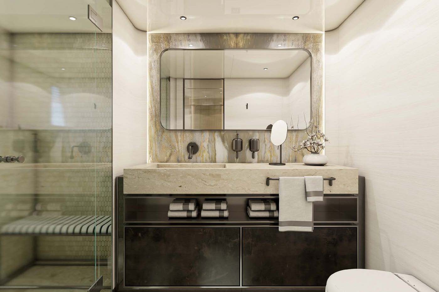 a bathroom with a sink and mirror aboard M Yacht for Charter