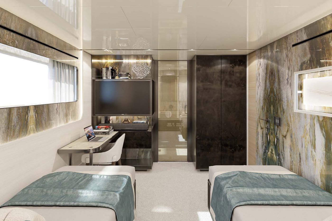 a room with a bed and a tv aboard M Yacht for Charter