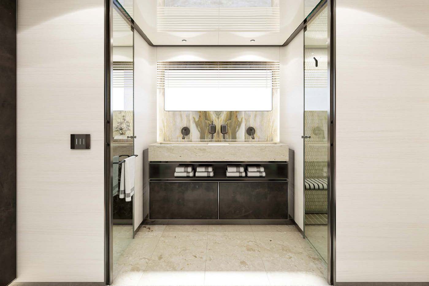a kitchen with a stove and cabinets aboard M Yacht for Charter