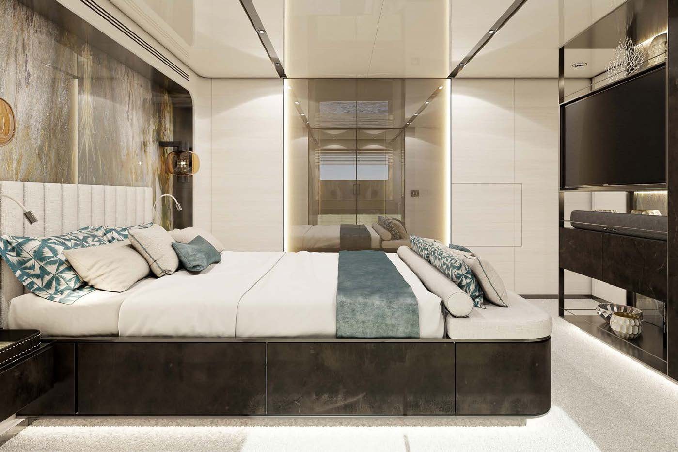 a bed in a room aboard M Yacht for Charter