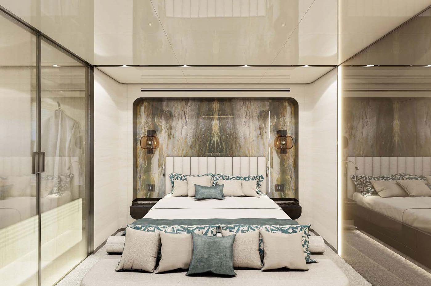 a room with a bed and a mirror aboard M Yacht for Charter