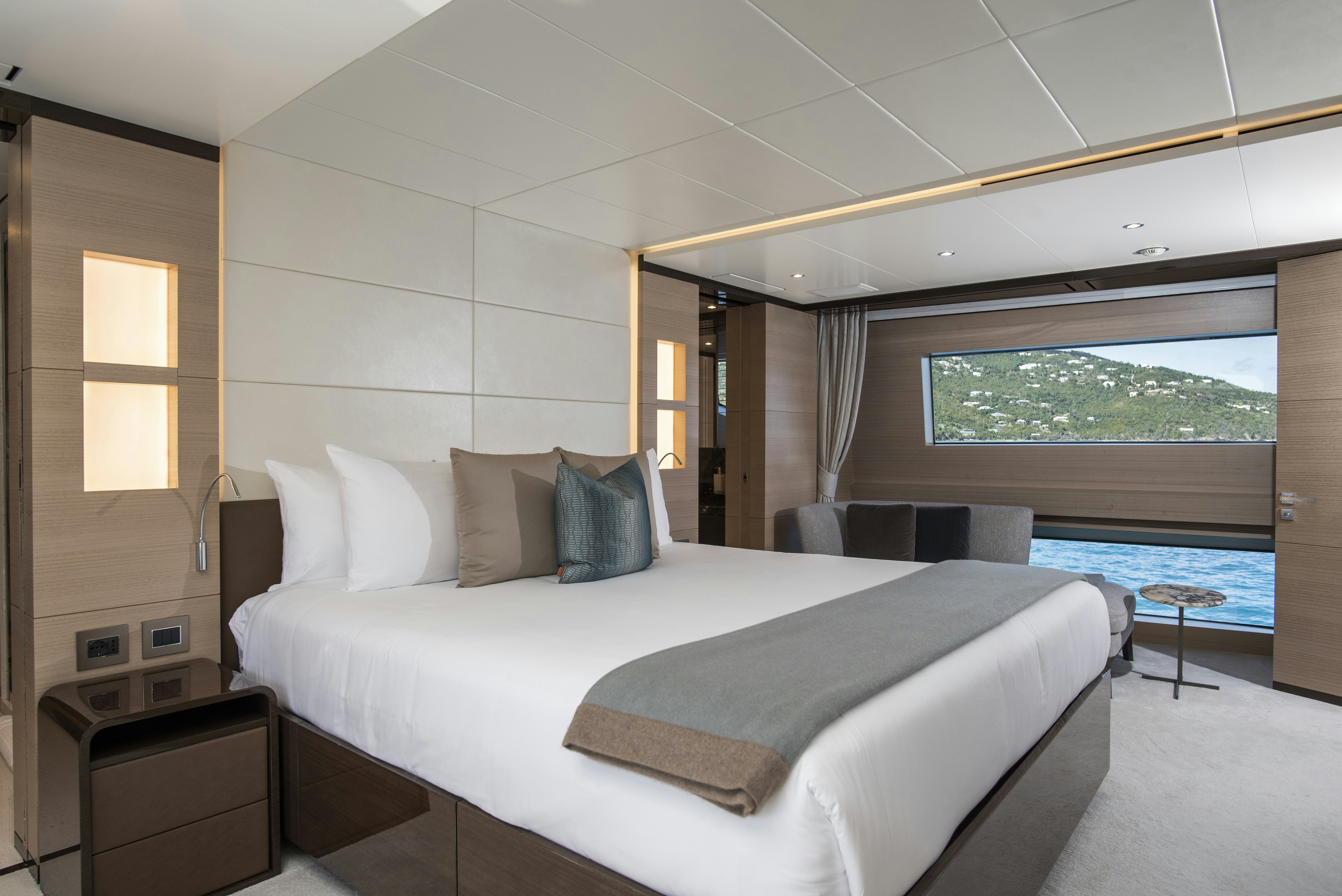 a bed in a room aboard WABASH Yacht for Sale