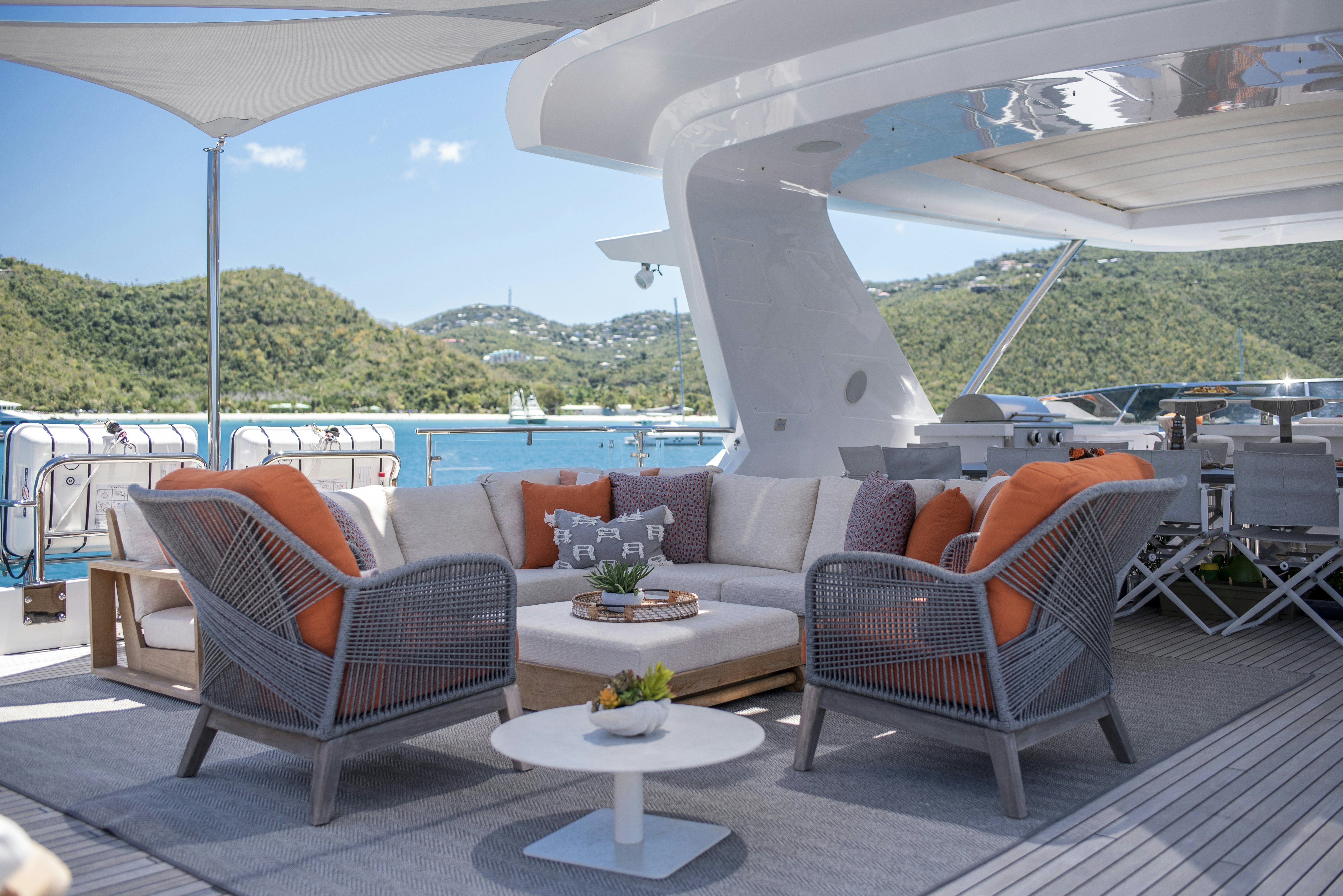 a patio with furniture aboard WABASH Yacht for Sale