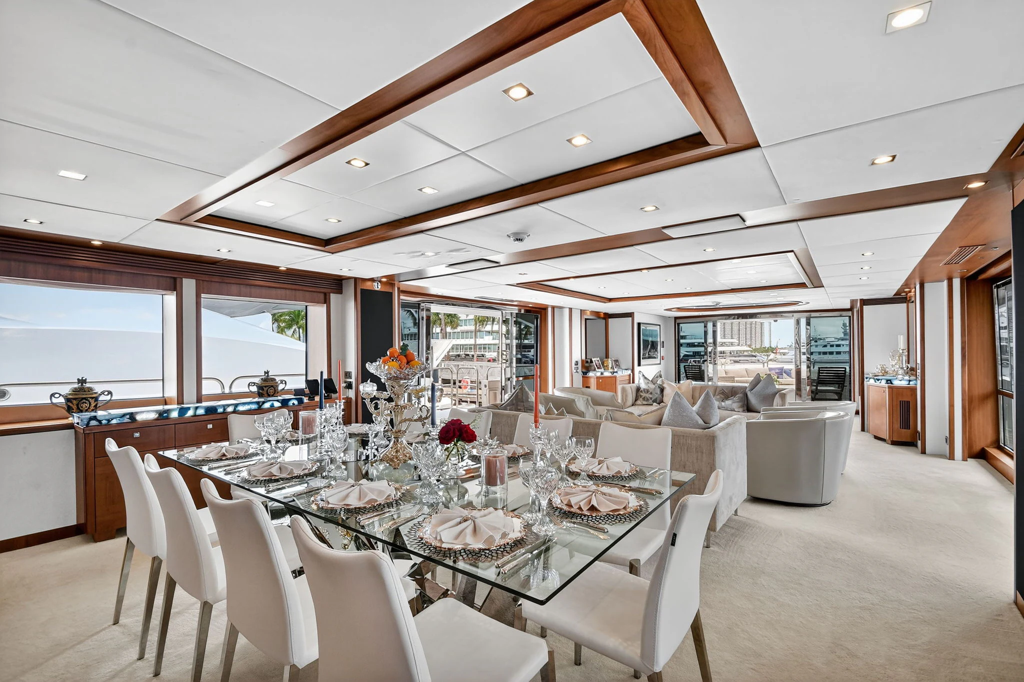 a large dining room with tables and chairs aboard ABOUT TIME Yacht for Sale