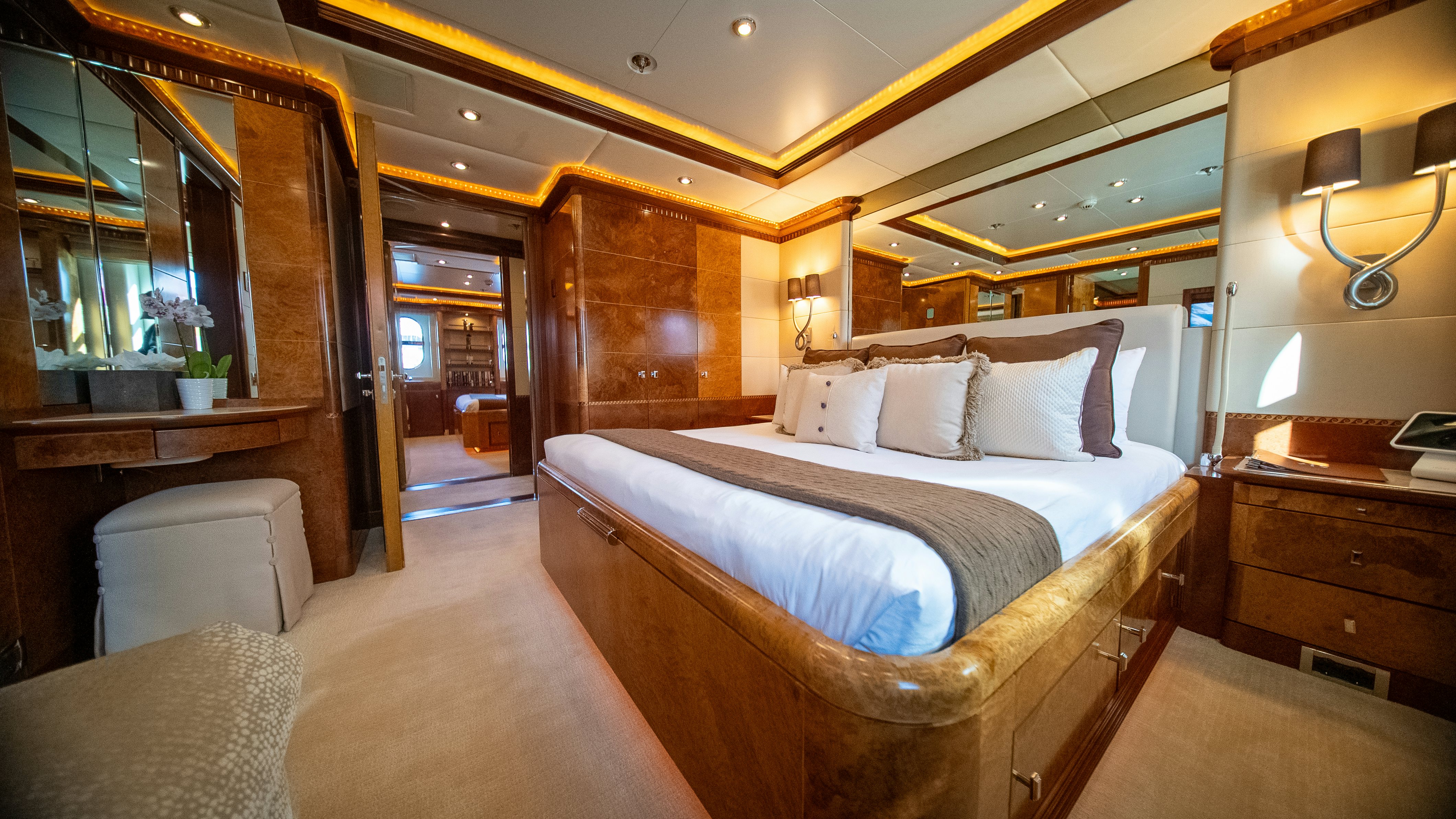 a large bed in a room aboard LUDZIE Yacht for Charter