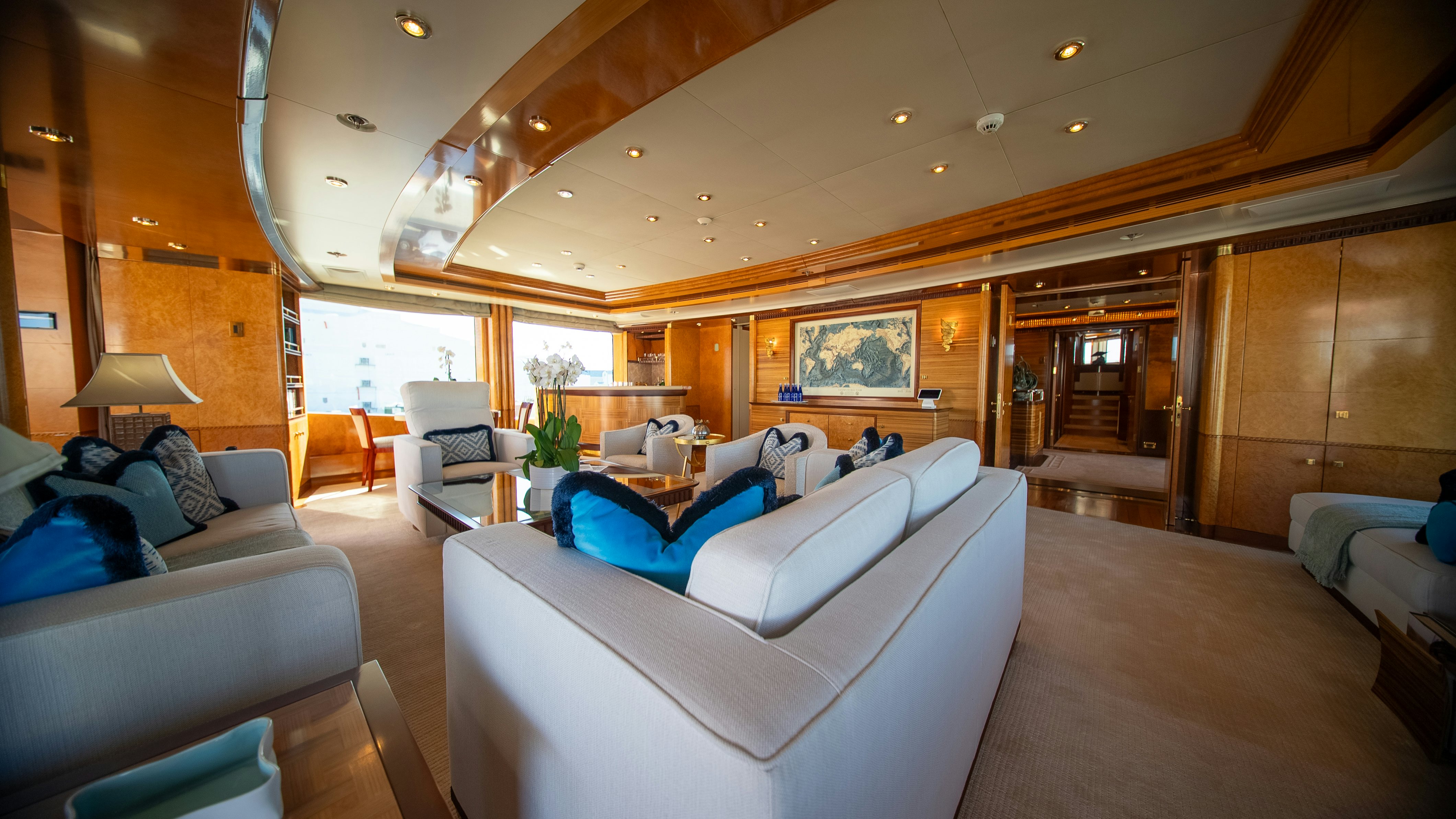 a living room with a large open door aboard LUDZIE Yacht for Charter