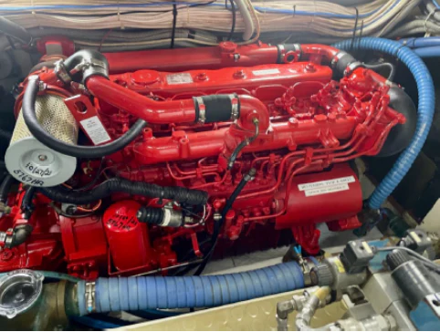 a car engine with red engine aboard MYSTERY Yacht for Sale