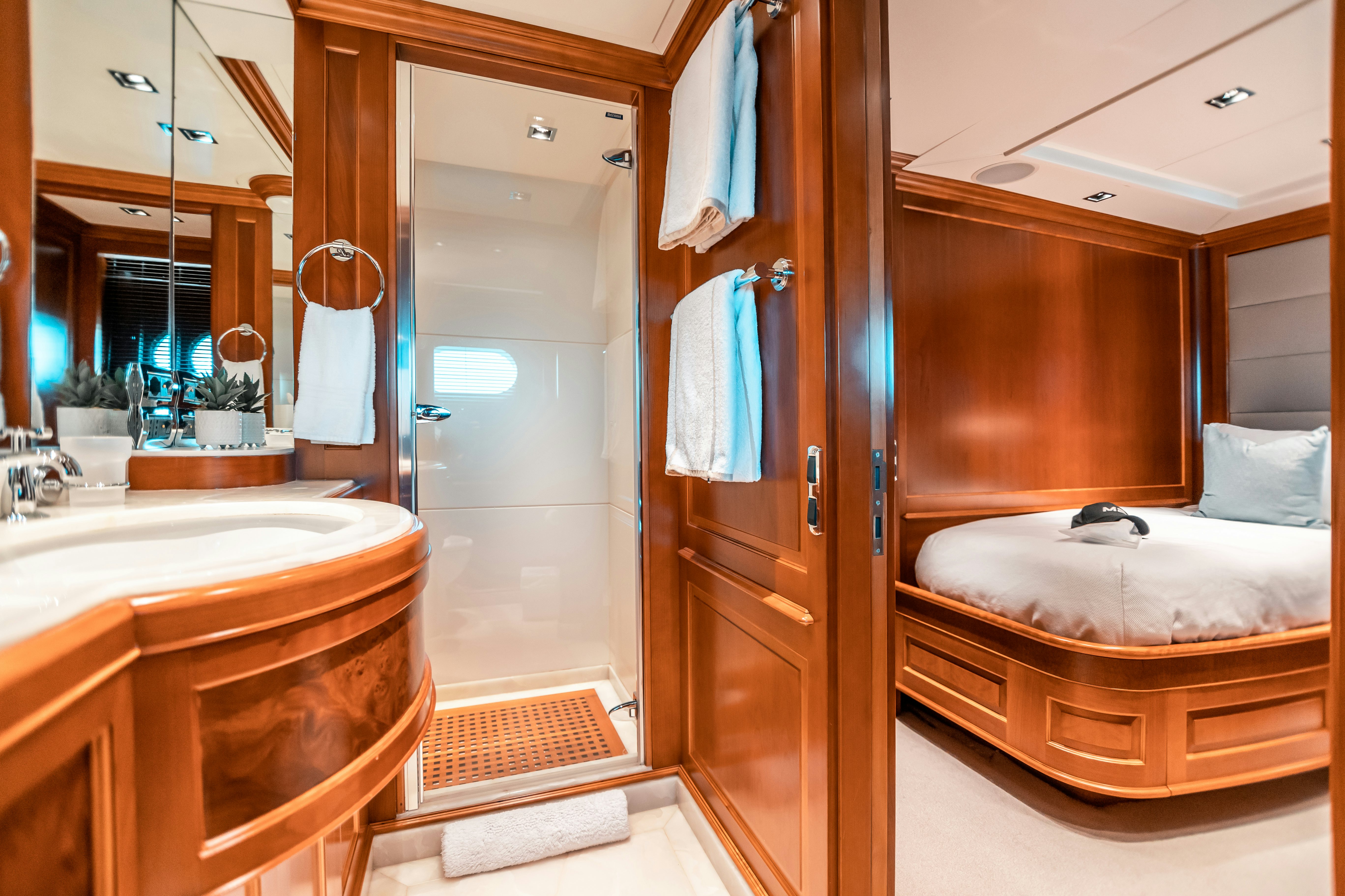 a bathroom with a shower and sink aboard ARTHUR’S WAY Yacht for Charter