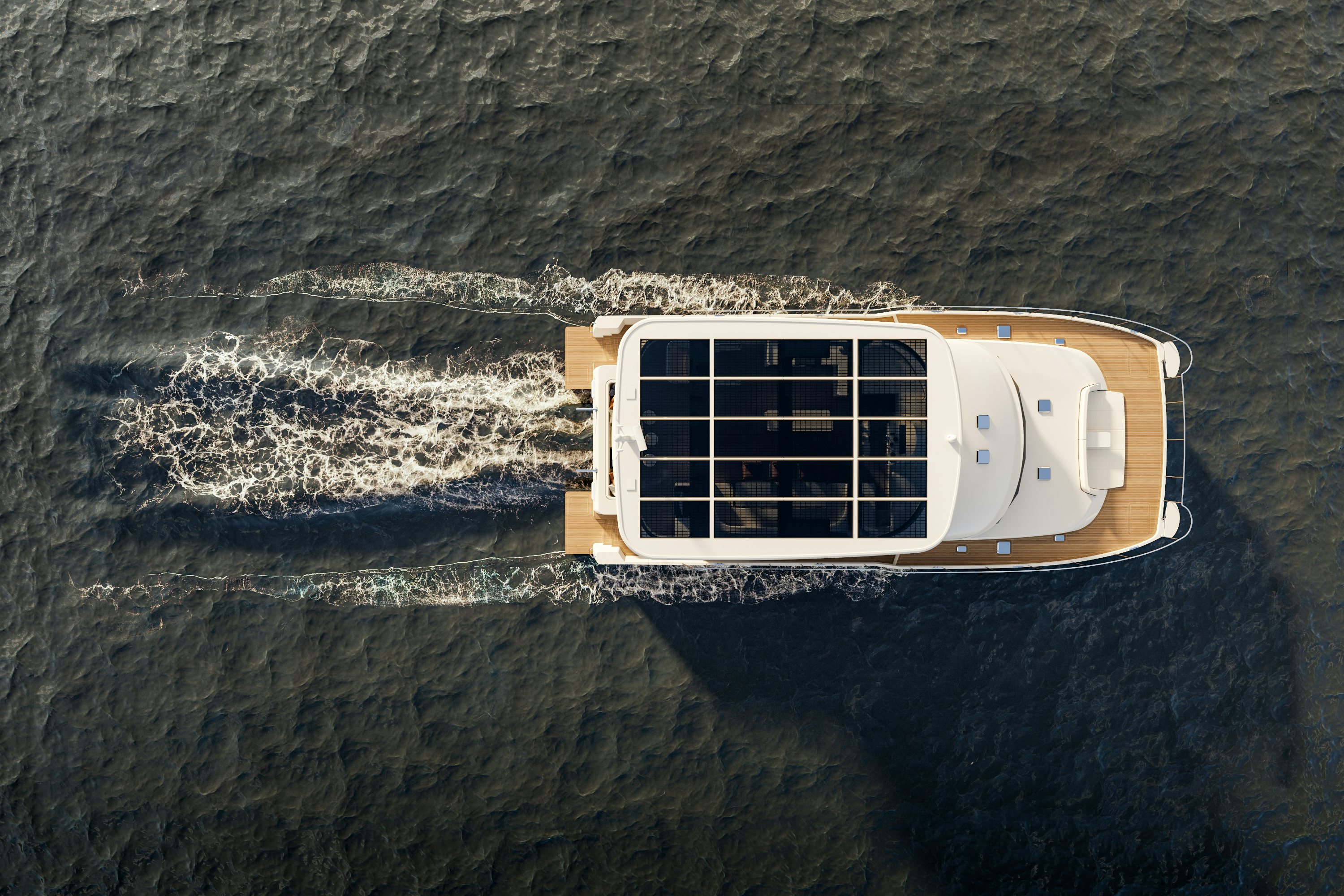 a small white and black boat on a rock aboard HYSTREAM HS 65 Yacht for Sale