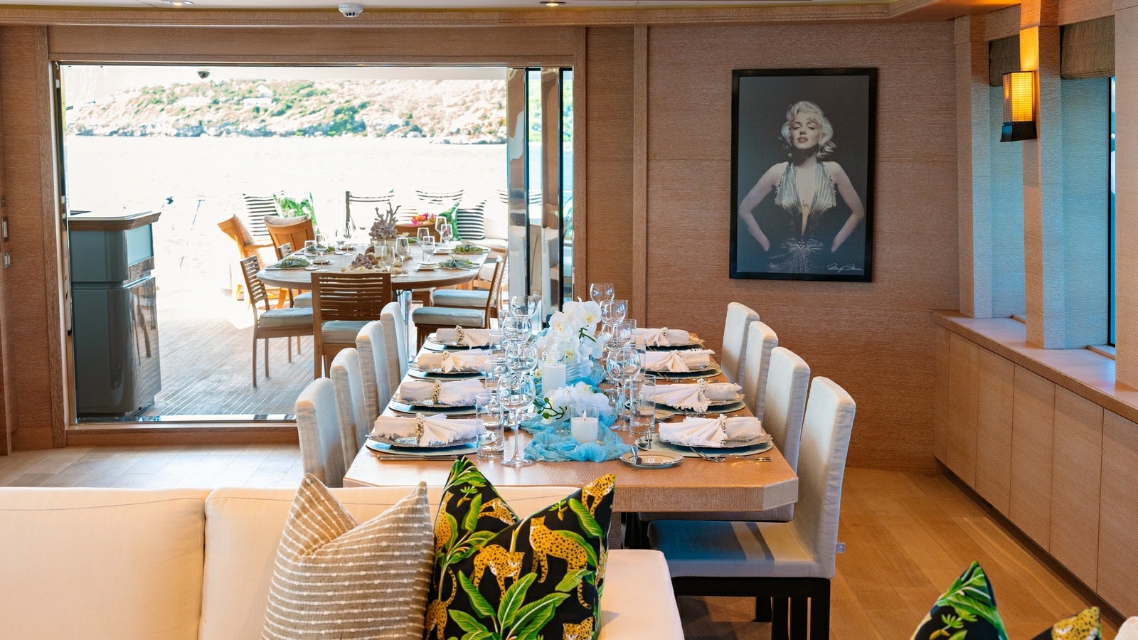 a dining room with a table and chairs aboard NORMA JEAN Yacht for Charter