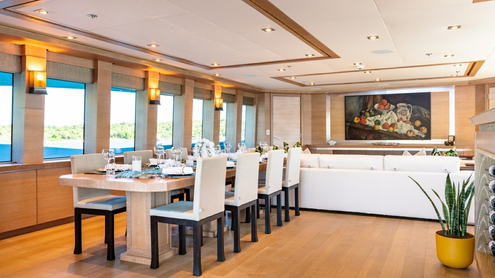 a large room with tables and chairs aboard NORMA JEAN Yacht for Charter