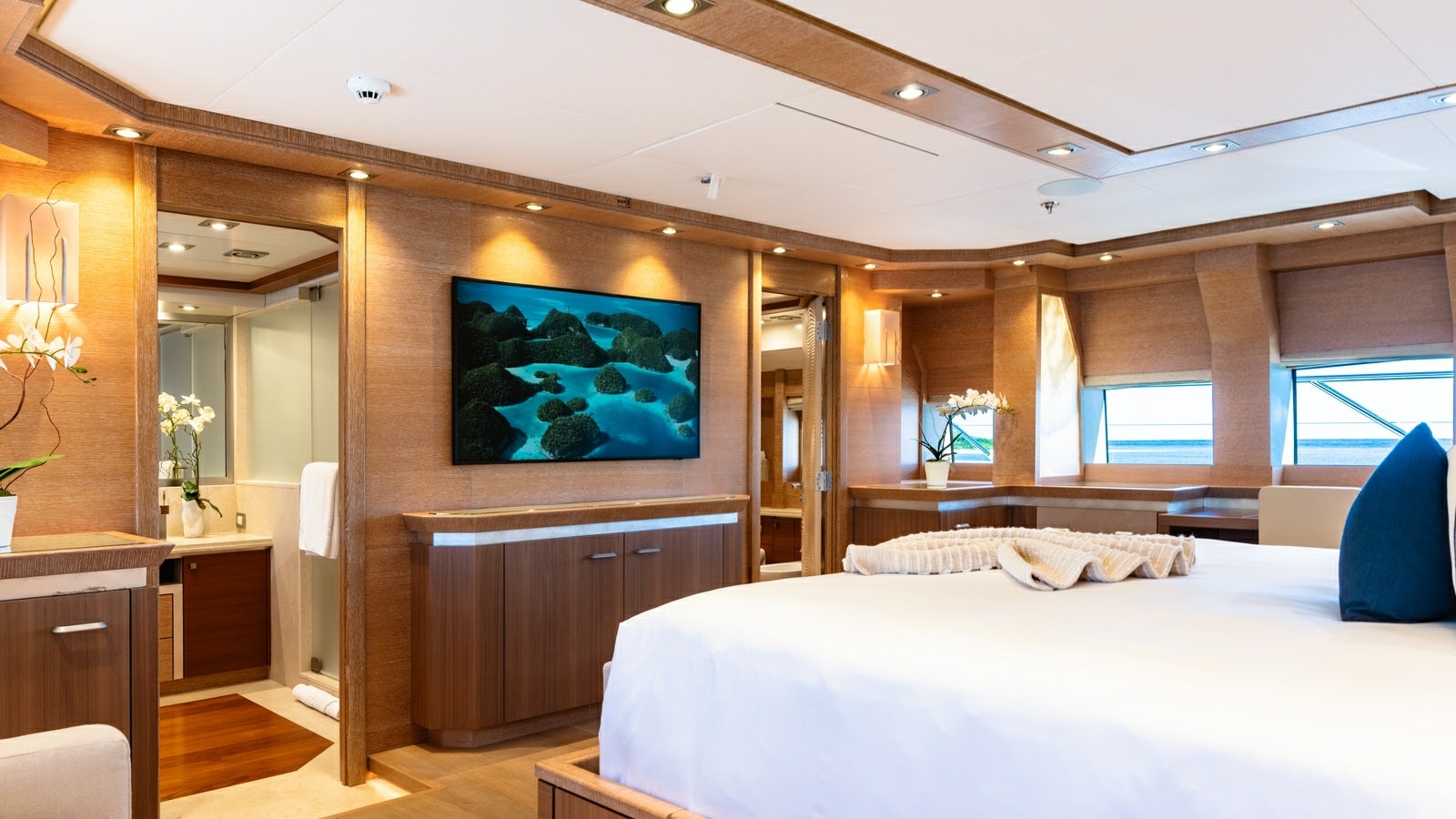 a bedroom with a large bed aboard NORMA JEAN Yacht for Charter