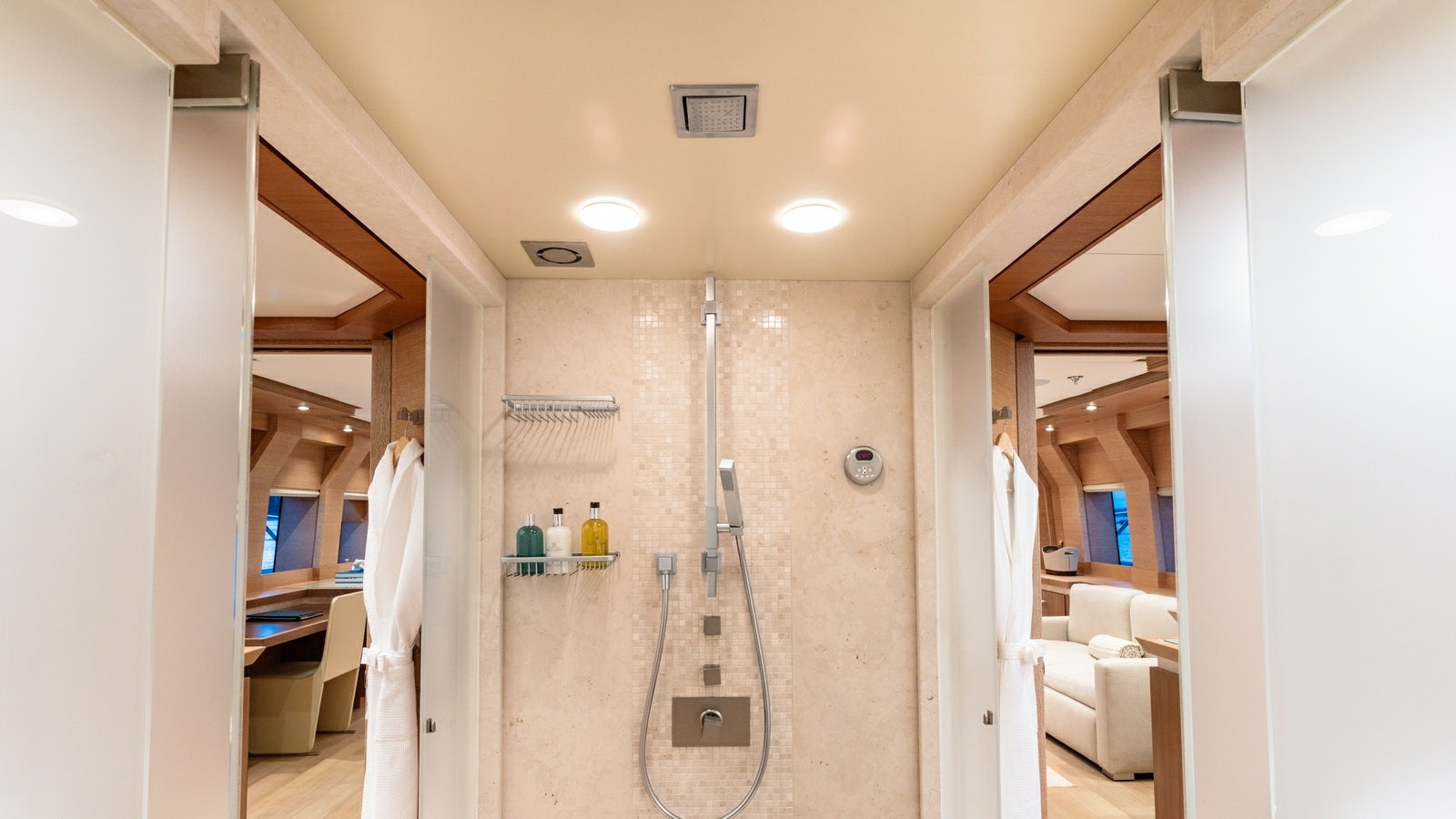 a room with a shower and a sink aboard NORMA JEAN Yacht for Charter