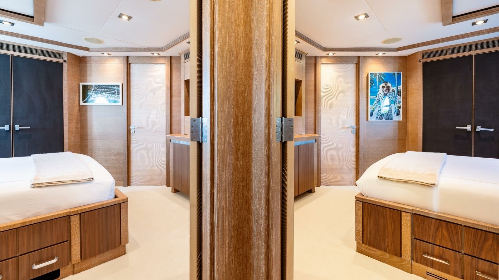 a bathroom with a large wooden shower aboard NORMA JEAN Yacht for Charter