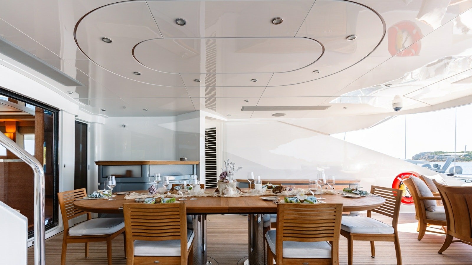 a dining room with a table and chairs aboard NORMA JEAN Yacht for Charter