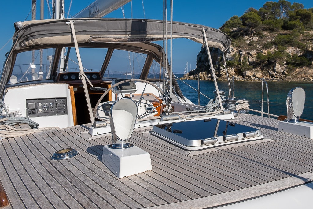a boat on a dock aboard JULIA Yacht for Sale