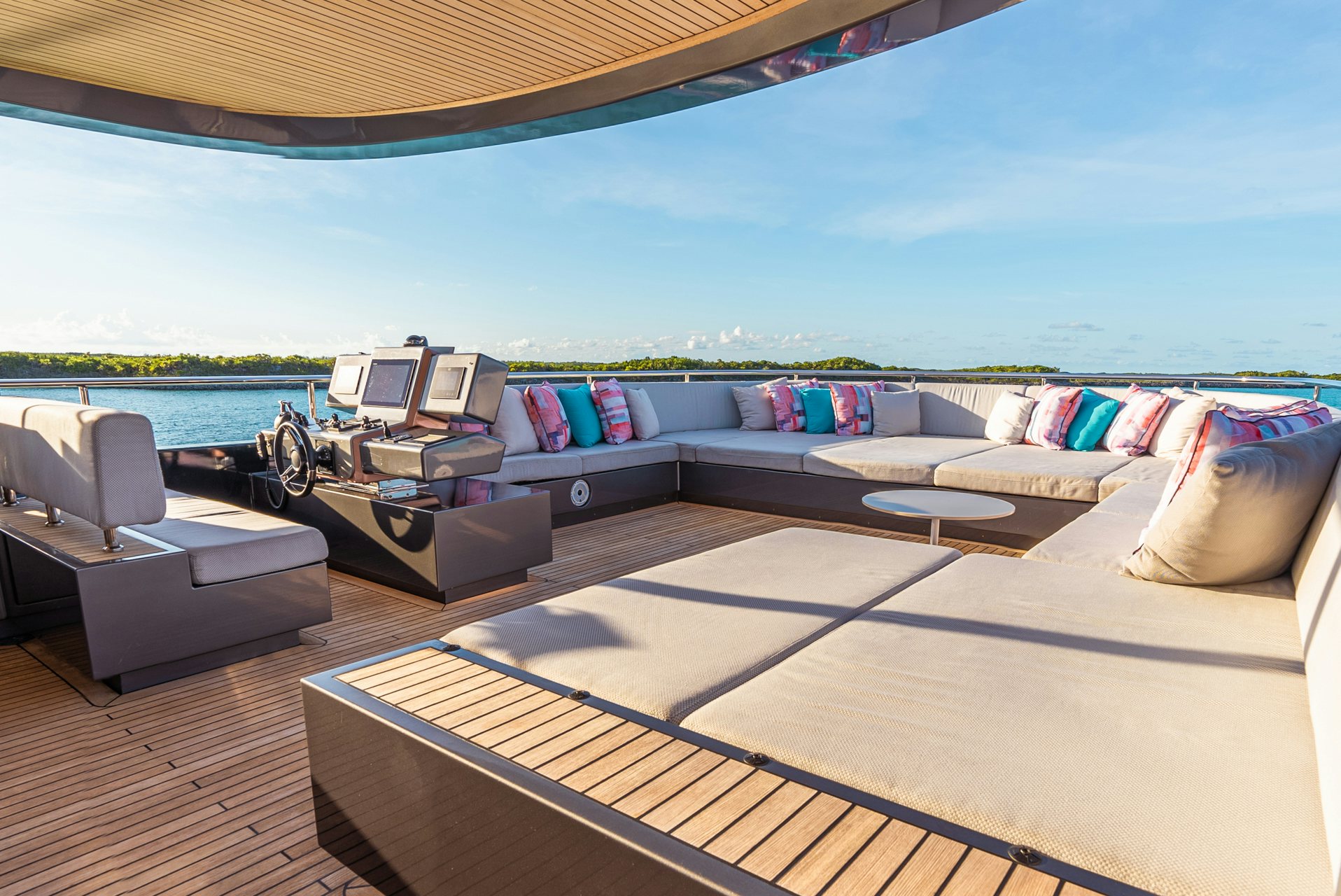 a large living room with a large blue sky aboard VIVACE Yacht for Charter