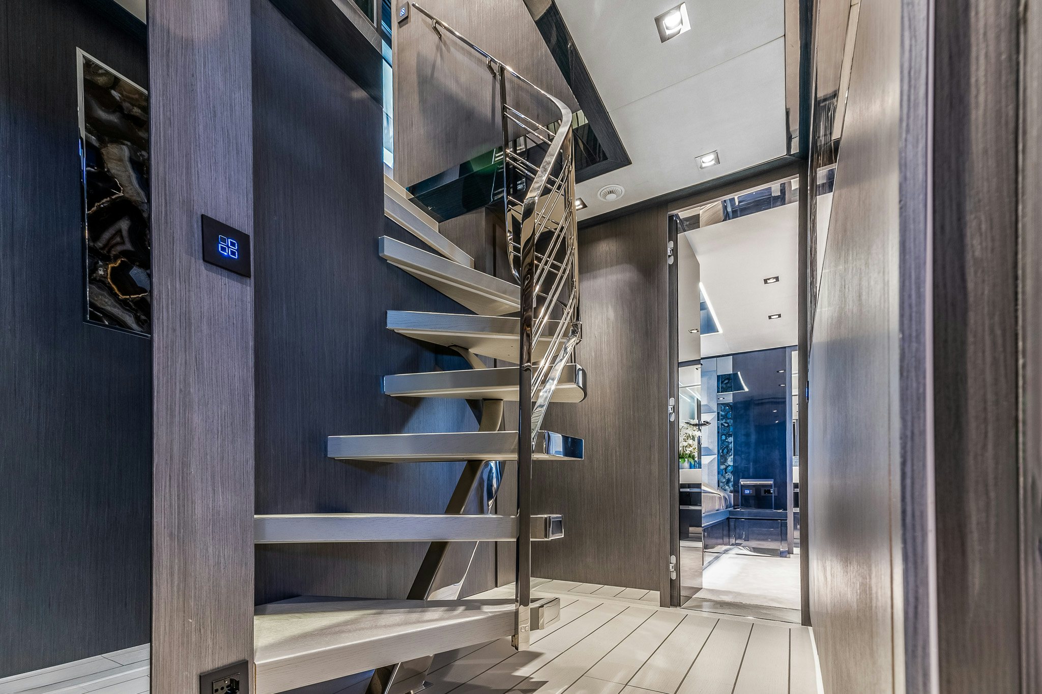 a staircase in a building aboard CADET V Yacht for Sale