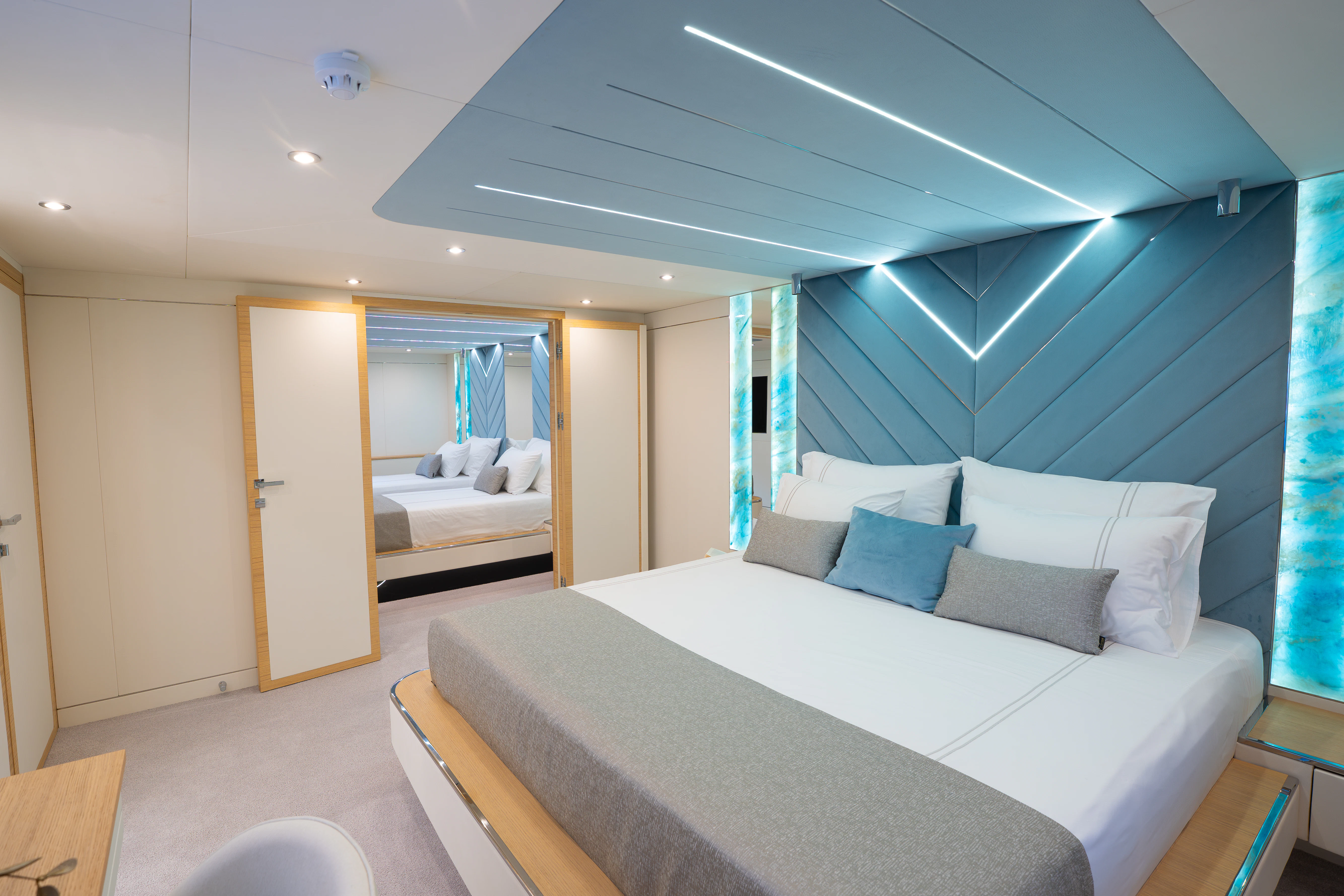 a bed in a room aboard RENATA Yacht for Charter