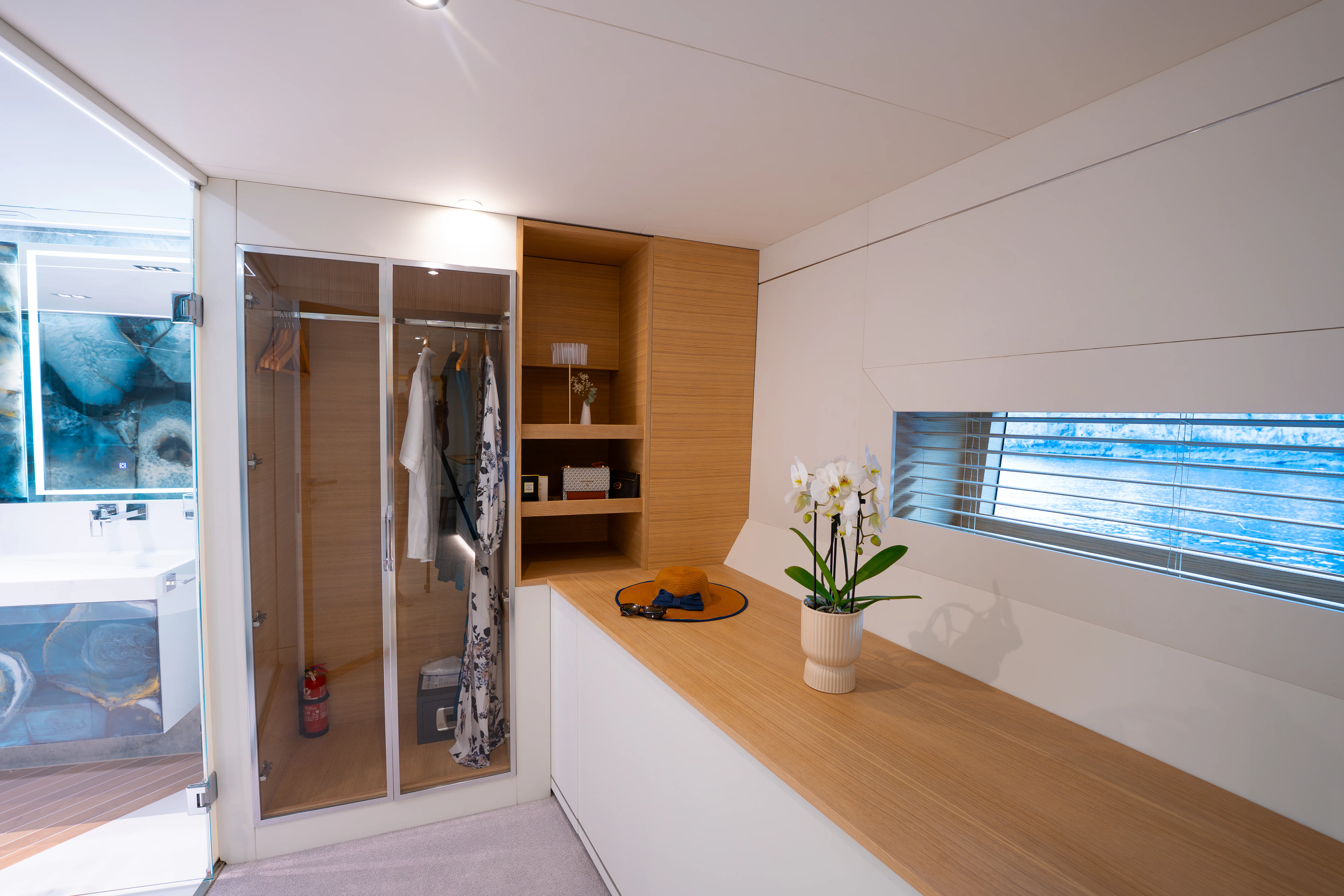a room with a large glass door aboard RENATA Yacht for Charter