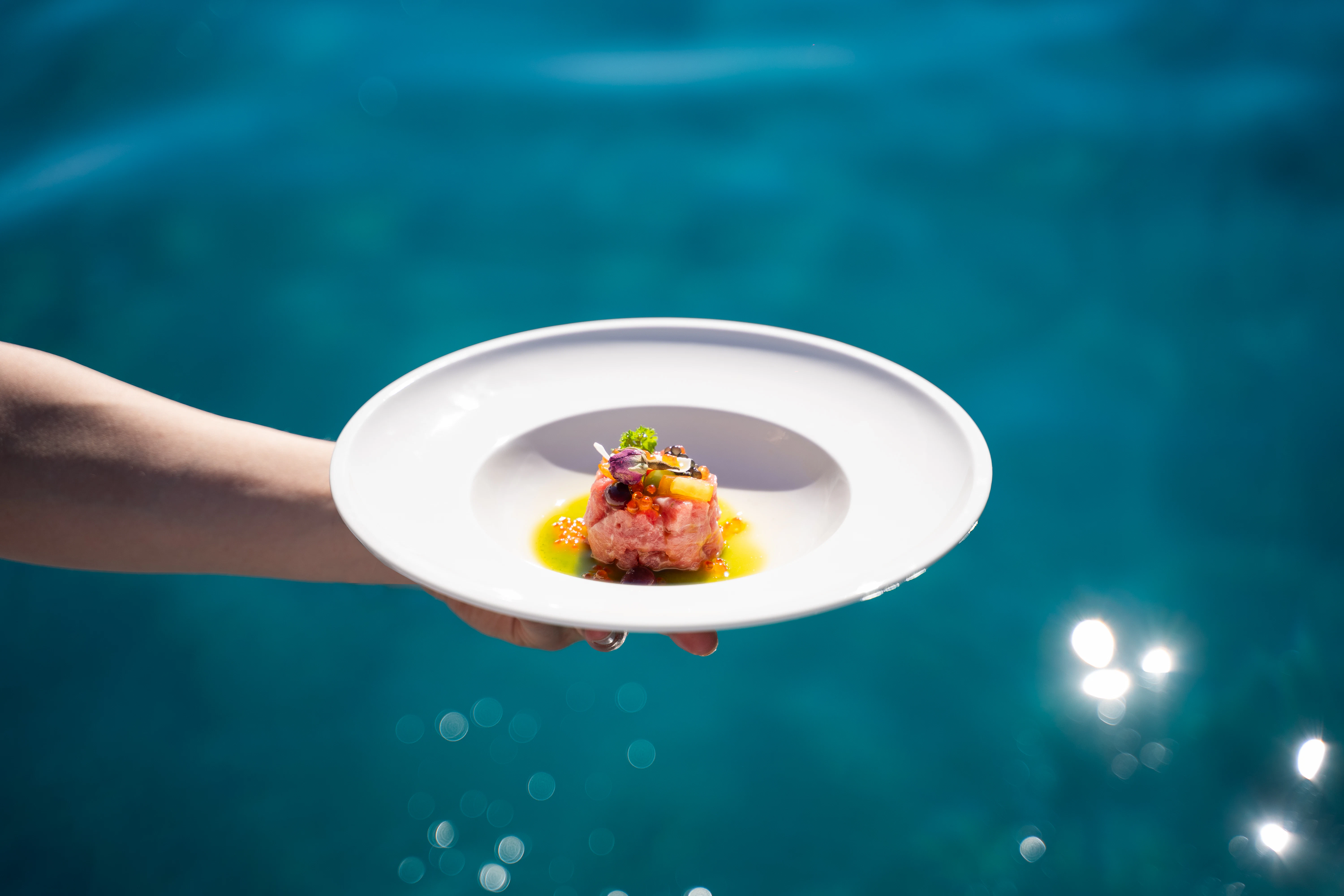a person holding a plate with food on it aboard RENATA Yacht for Charter