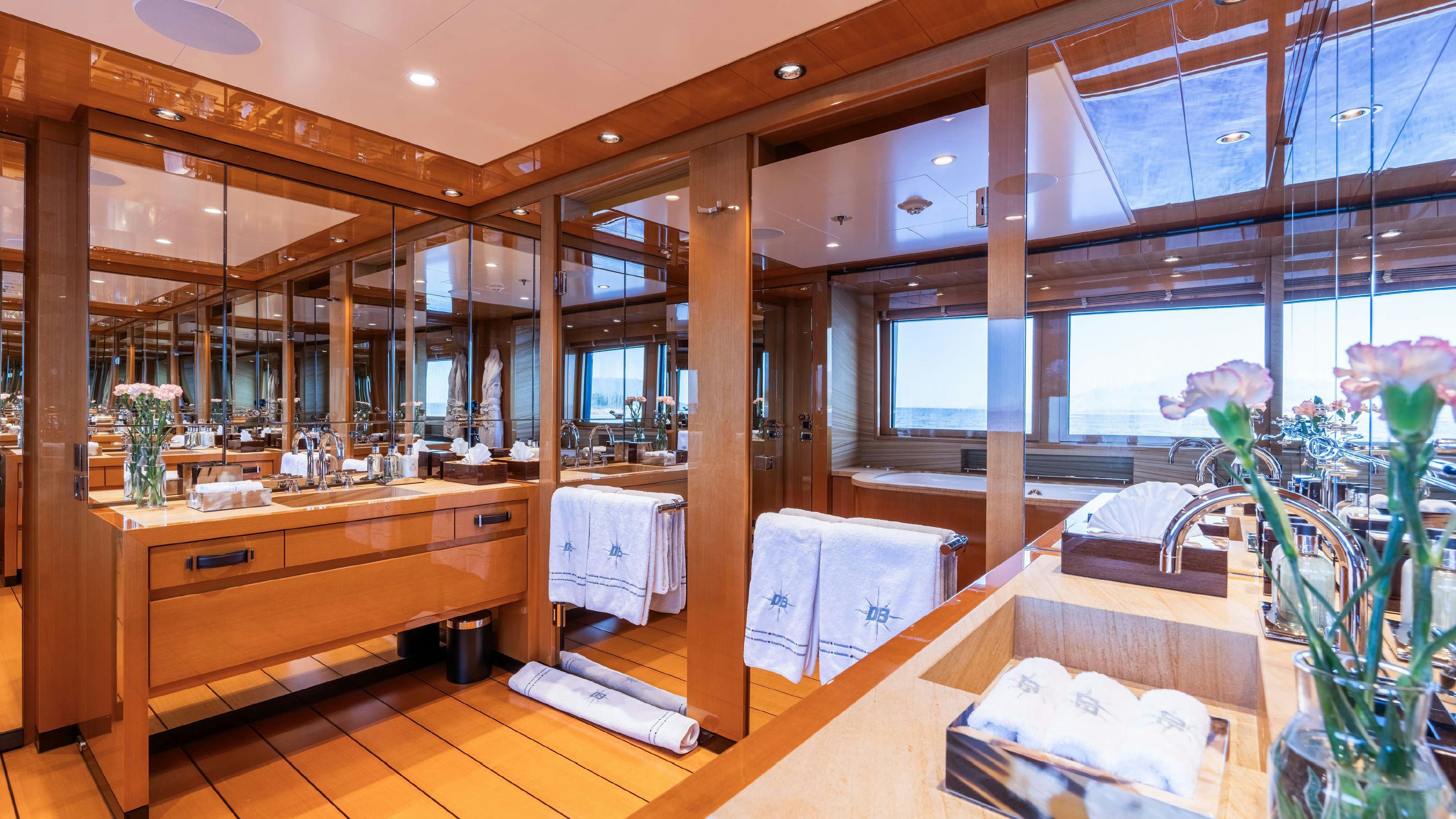 a room with a large glass window aboard DEEP BLUE Yacht for Charter