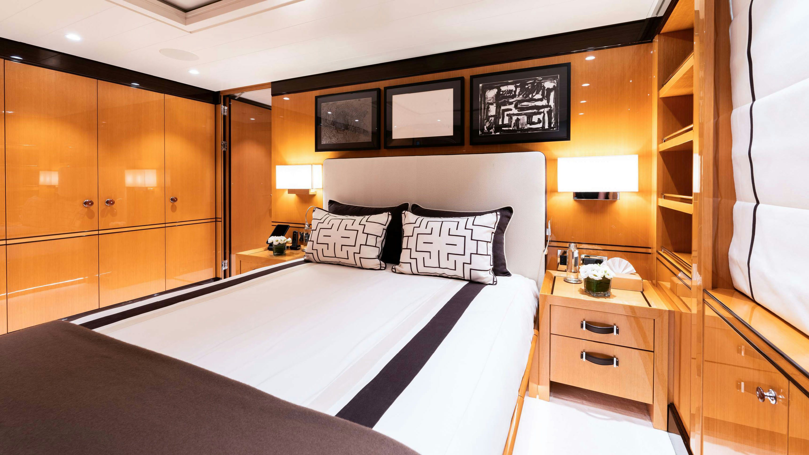a bed in a room aboard DEEP BLUE Yacht for Charter