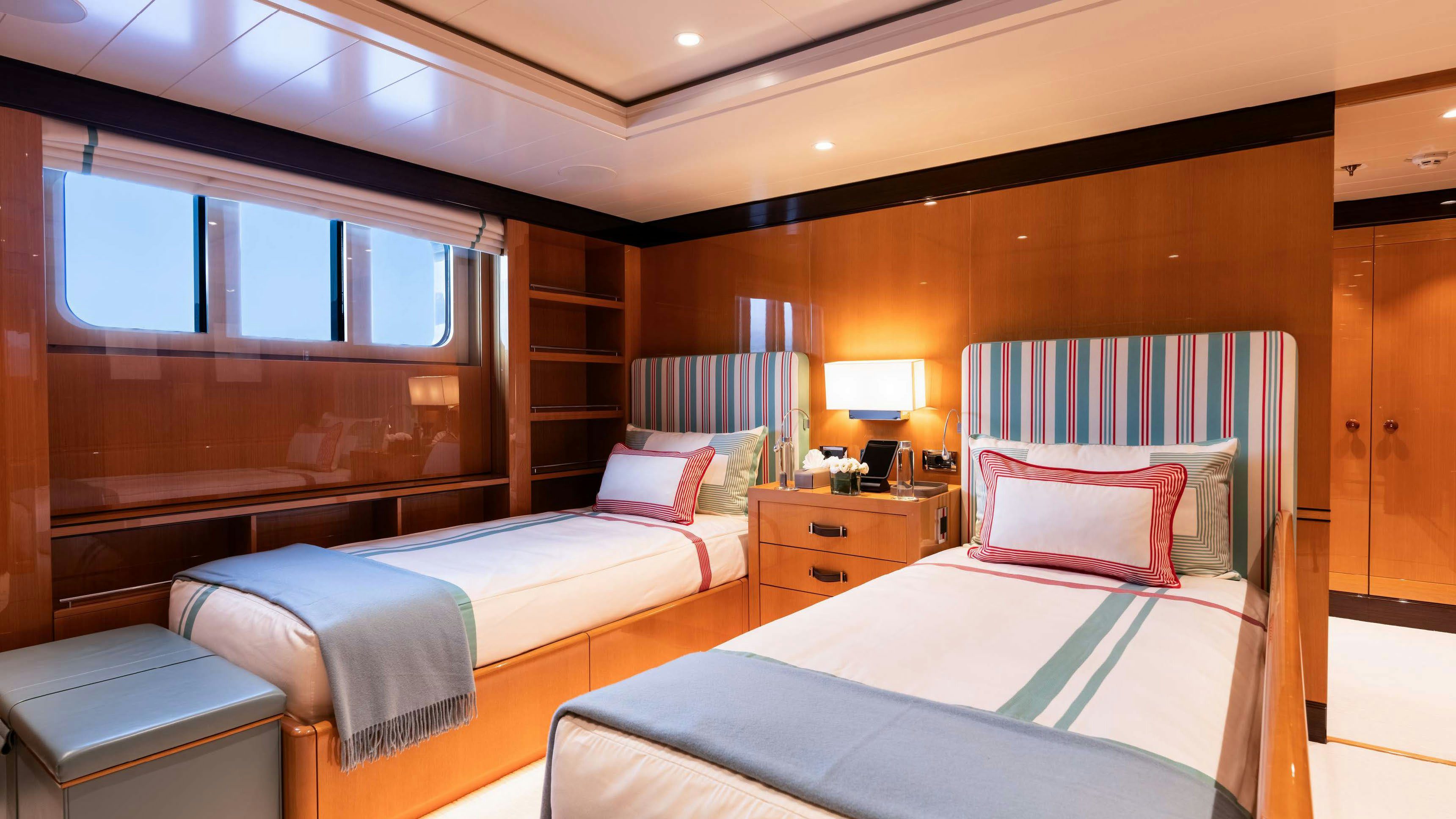 a room with two beds aboard DEEP BLUE Yacht for Charter