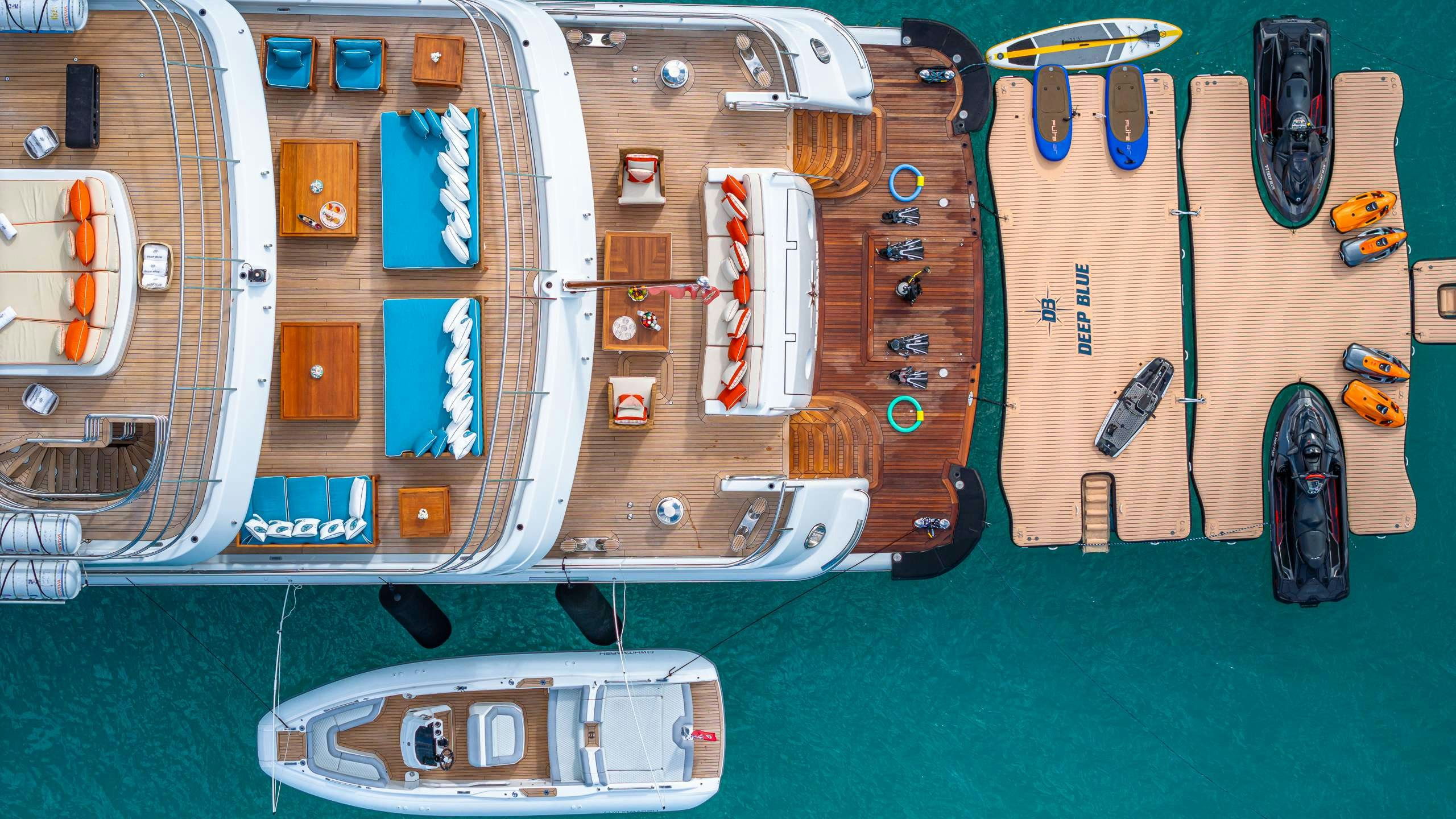 a group of guitars on a wall aboard DEEP BLUE Yacht for Charter