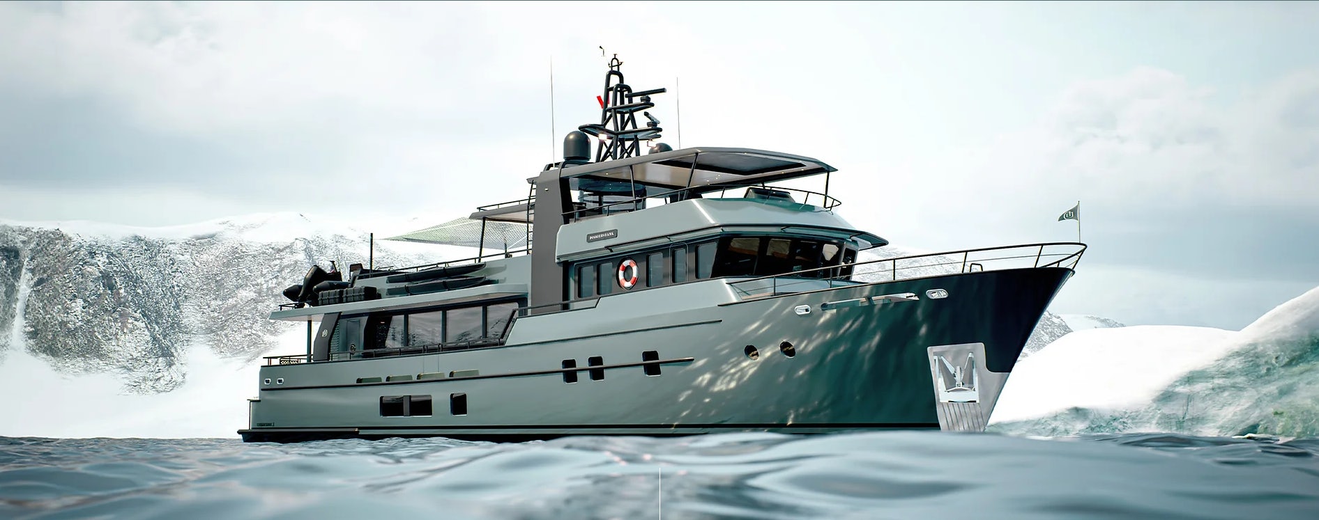 a white yacht on a snowy mountain aboard DOGGERSBANK 105 OFFSHORE Yacht for Sale