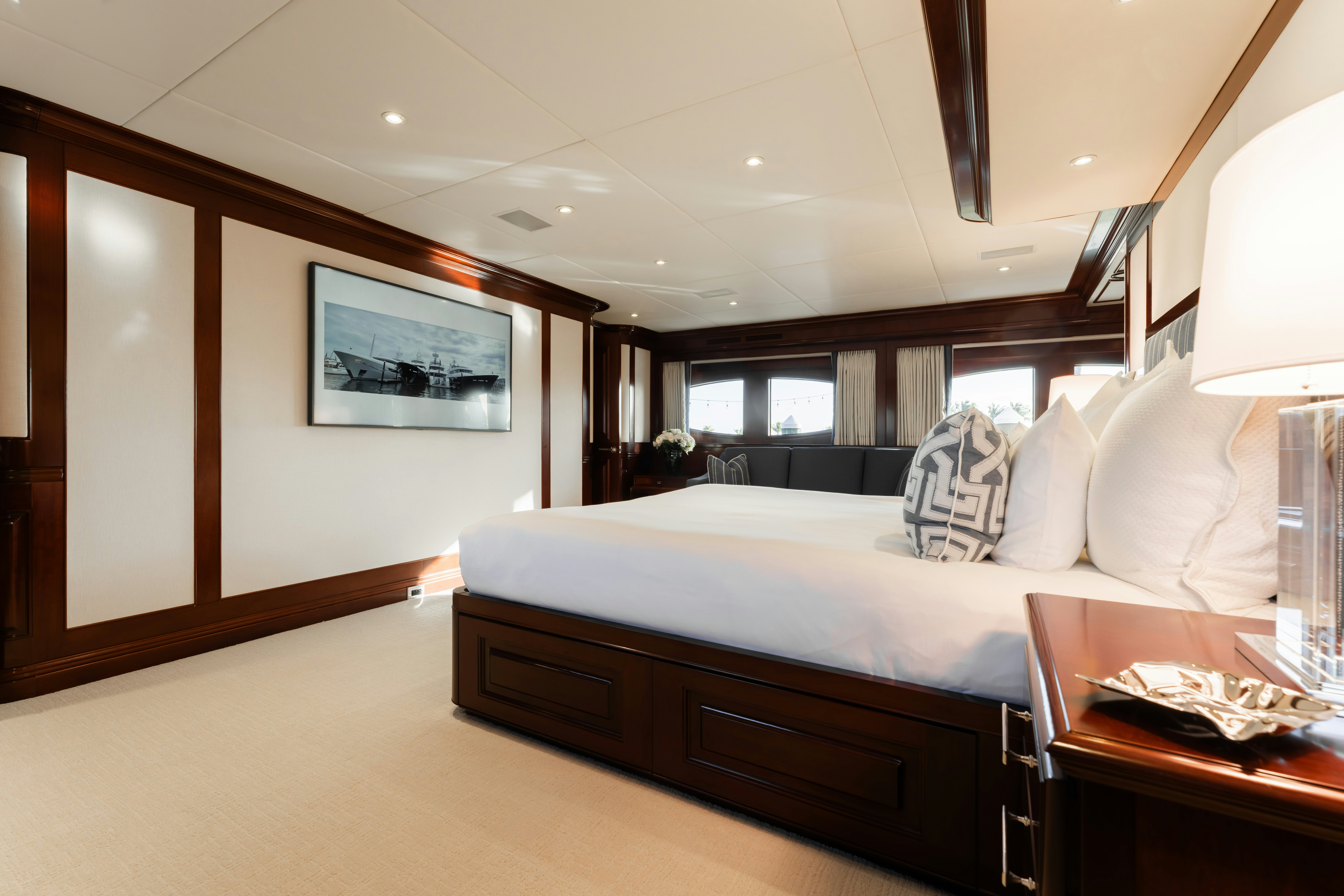 a bed with white sheets aboard SUMMERDANCE Yacht for Sale