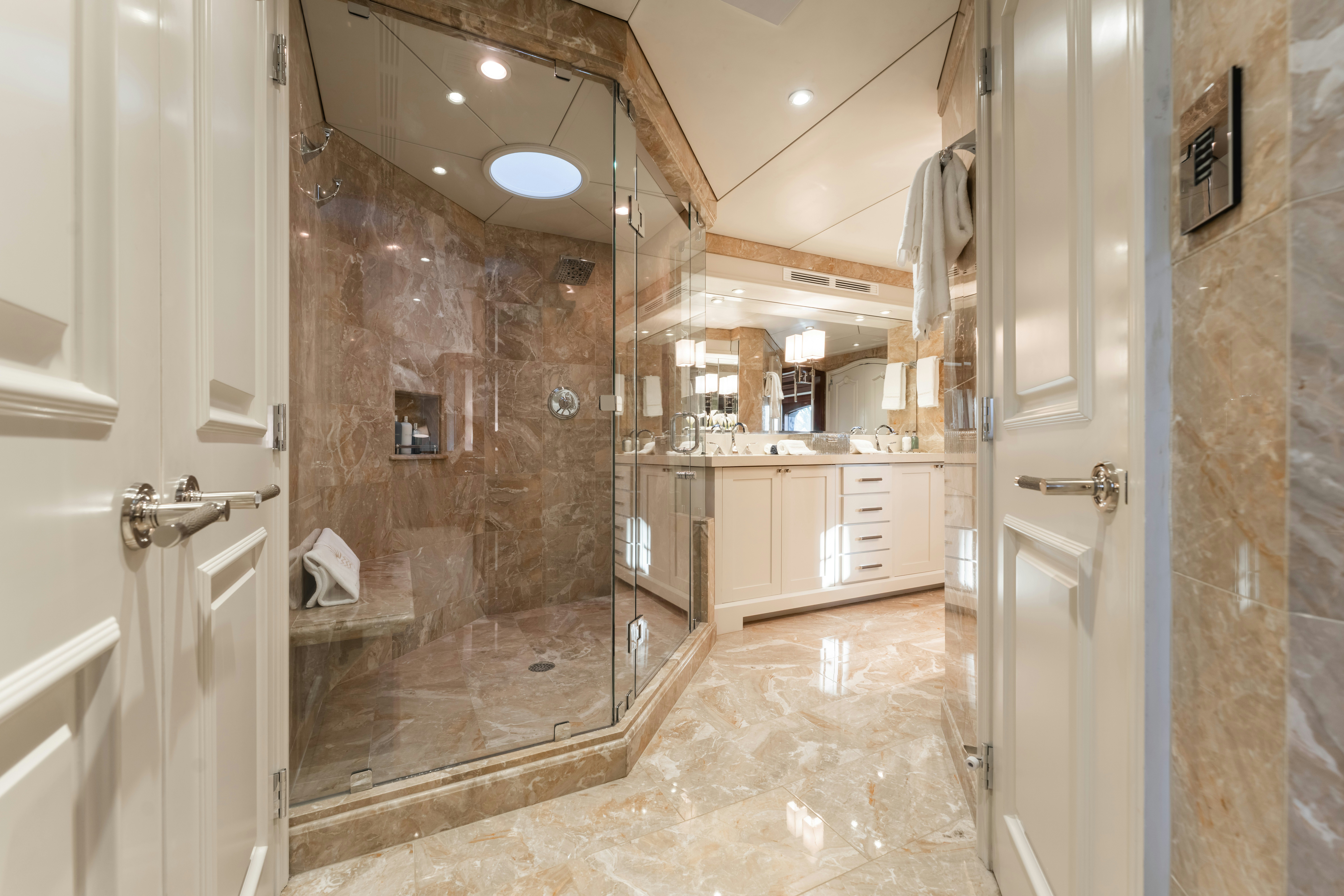 a bathroom with a shower aboard SUMMERDANCE Yacht for Sale