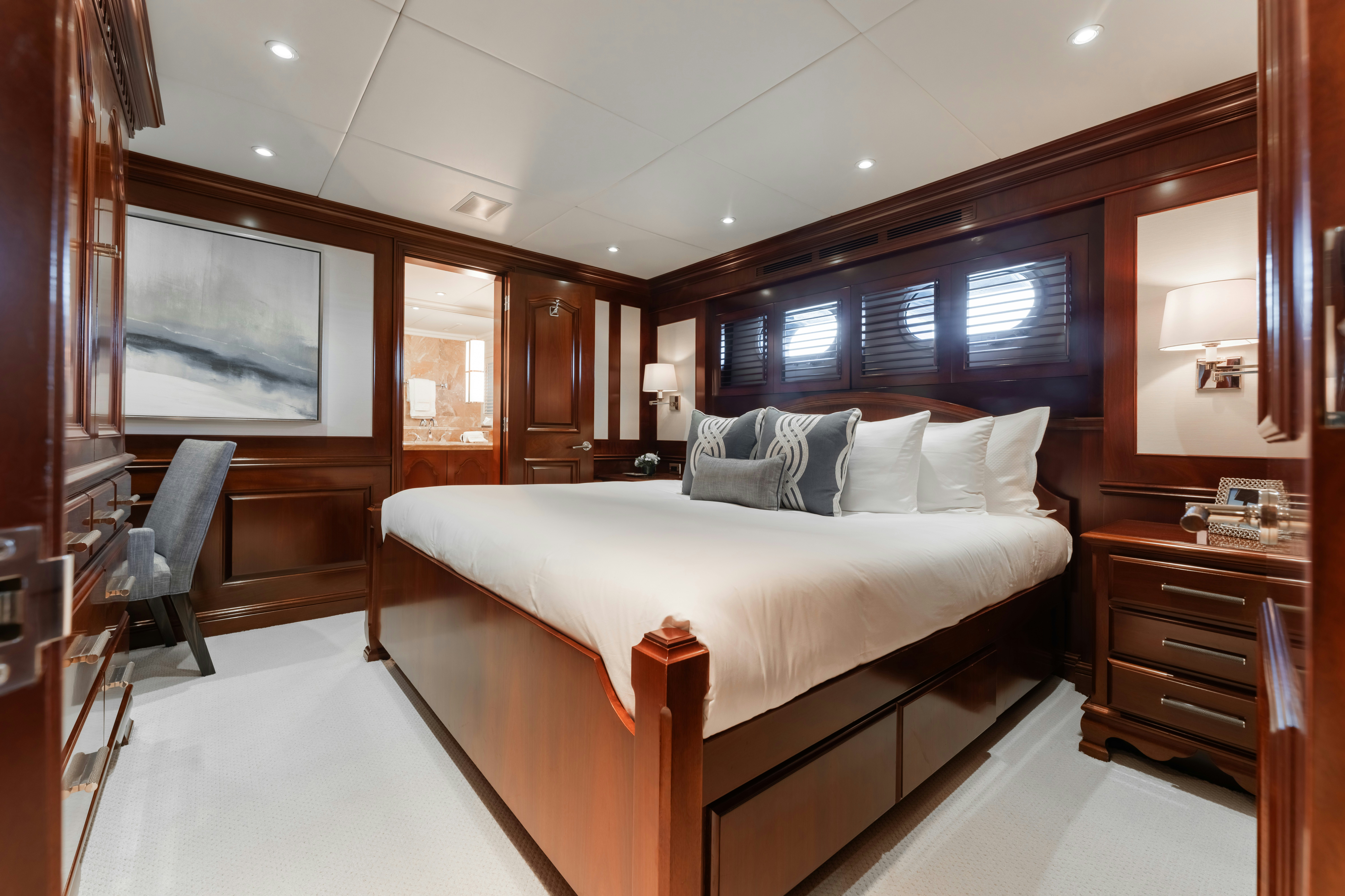 a large bed in a room aboard SUMMERDANCE Yacht for Sale