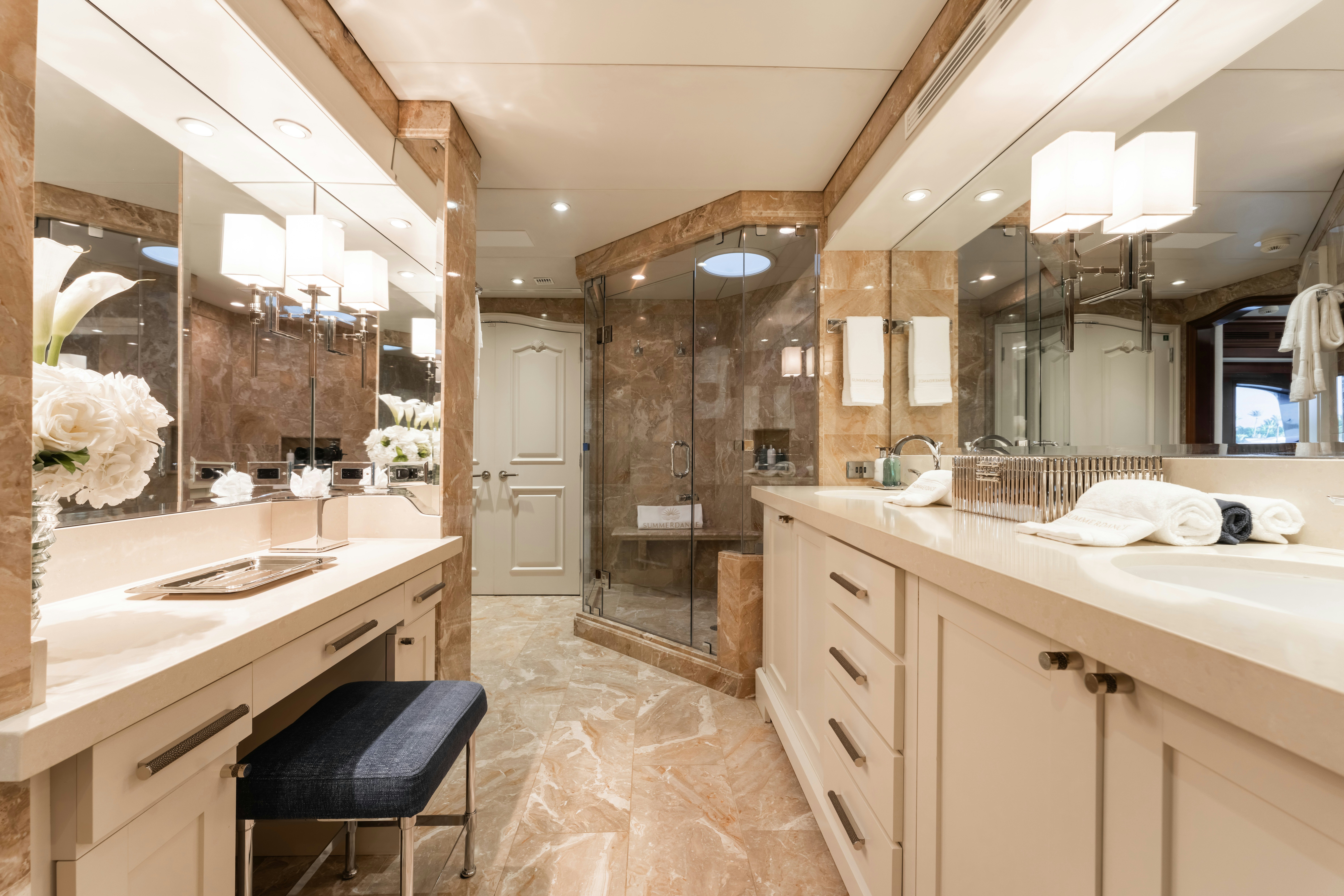 a bathroom with a large mirror aboard SUMMERDANCE Yacht for Charter