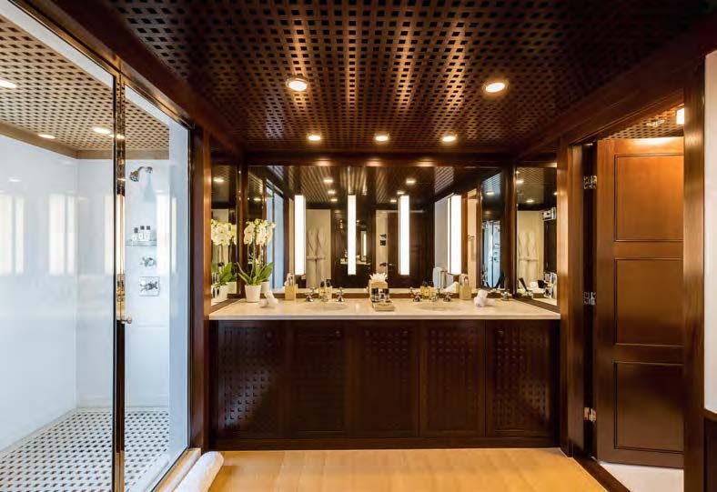 a kitchen with a large countertop aboard HBC Yacht for Sale