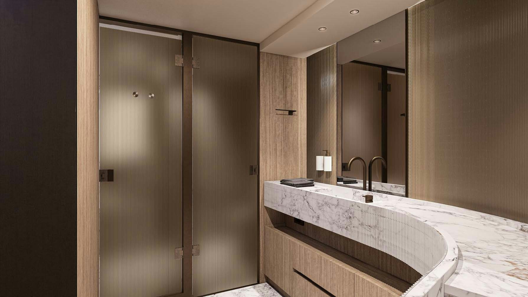 a bathroom with a large mirror aboard AKIRA Yacht for Charter