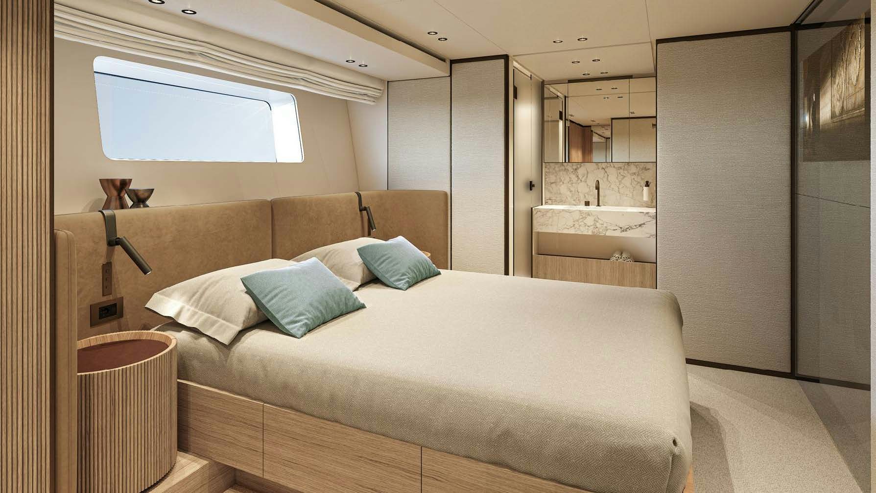 a bed in a room aboard AKIRA Yacht for Charter