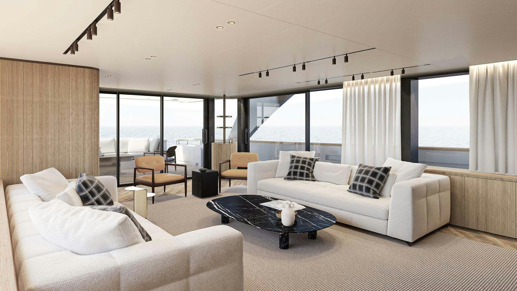 a living room with a large window aboard AKIRA Yacht for Charter